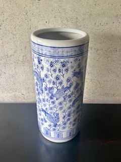 Vintage Chinese Blue and White Porcelain Fish Umbrella Stand