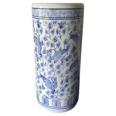 Vintage Chinese Blue and White Porcelain Fish Umbrella Stand