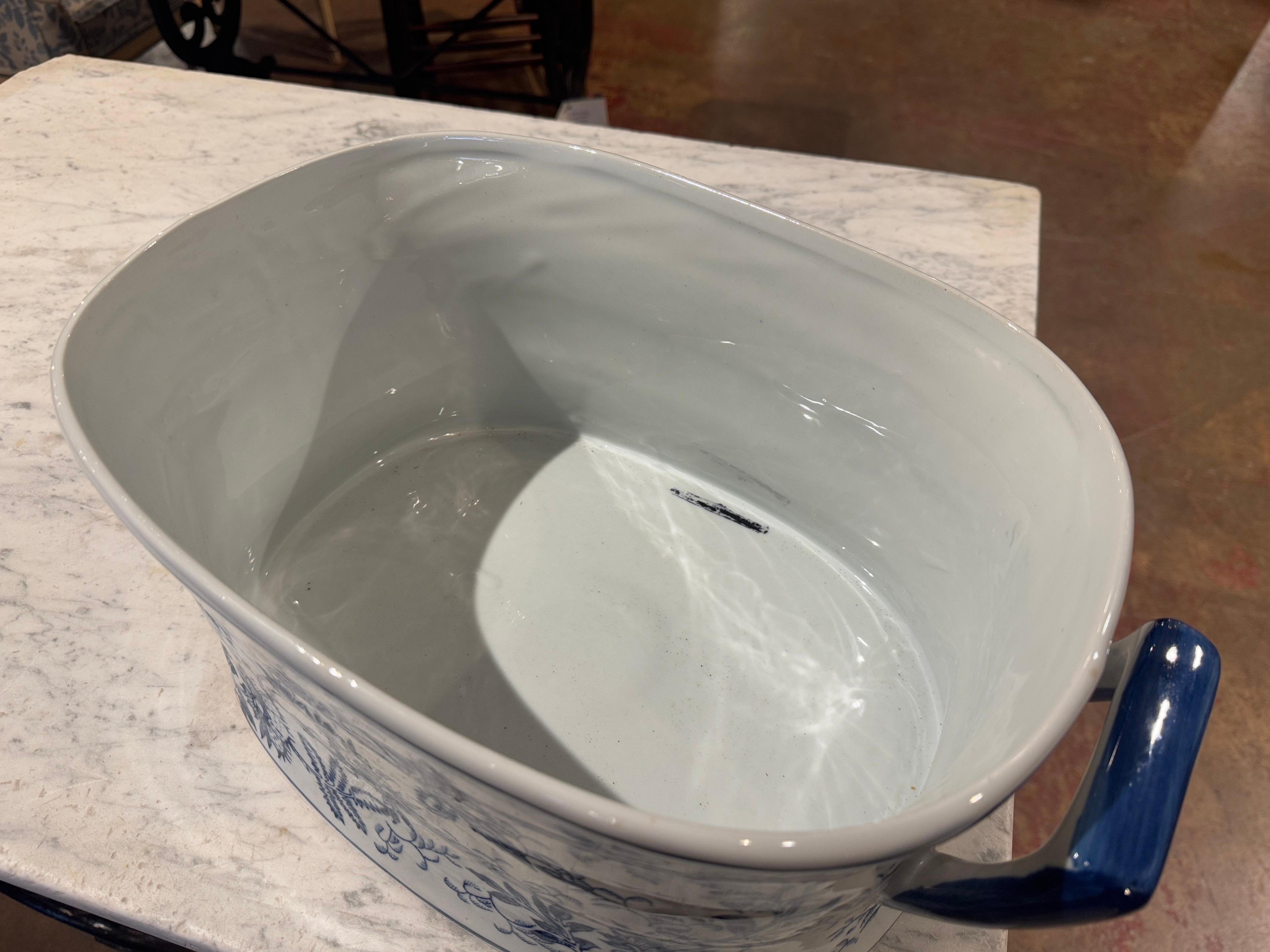Hand-Painted Vintage Chinese Blue and White Porcelain Foot Bath Bowl with Floral Motifs For Sale