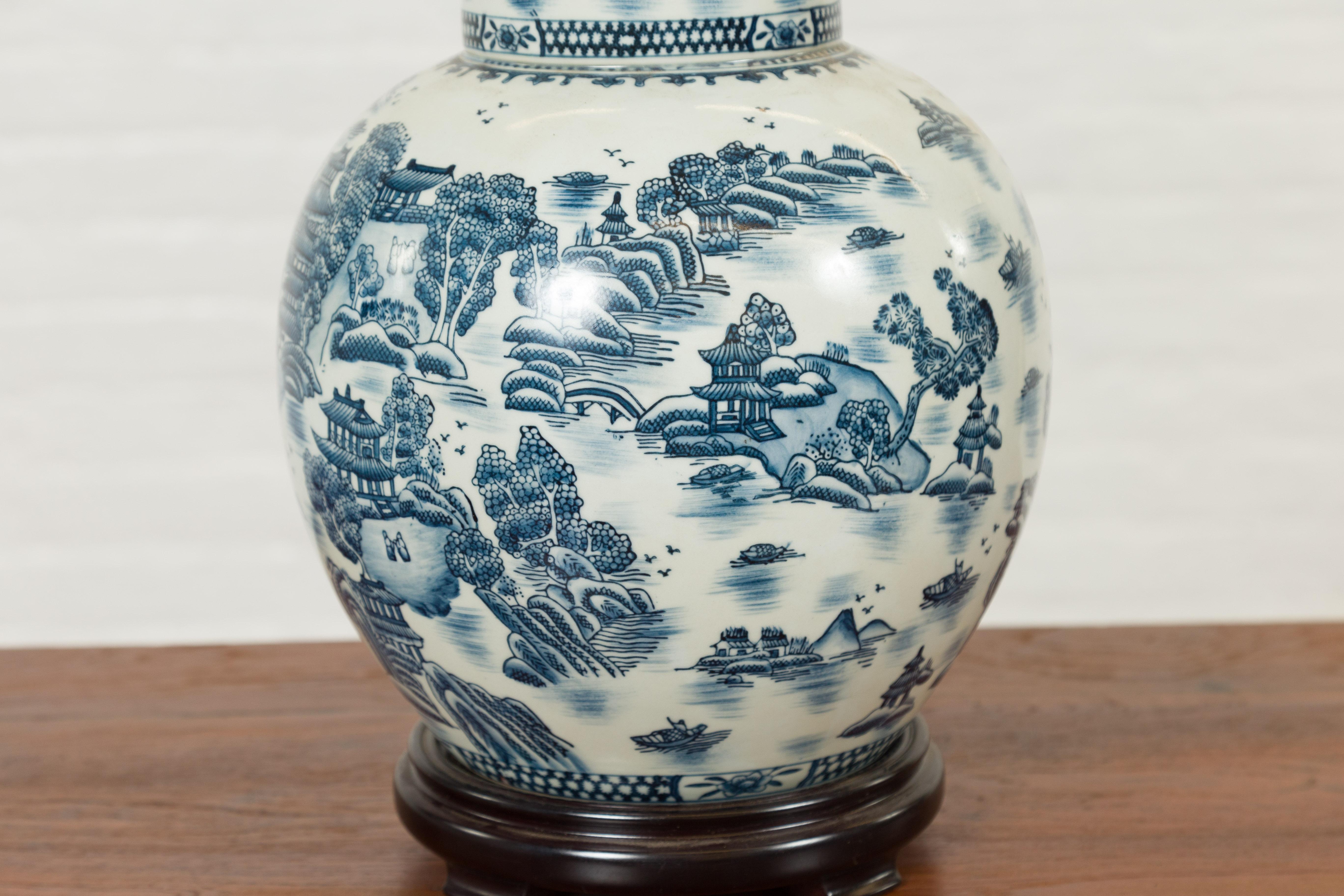 Vintage Chinese Blue and white Porcelain Lamp with Architectures and Landscapes For Sale 3