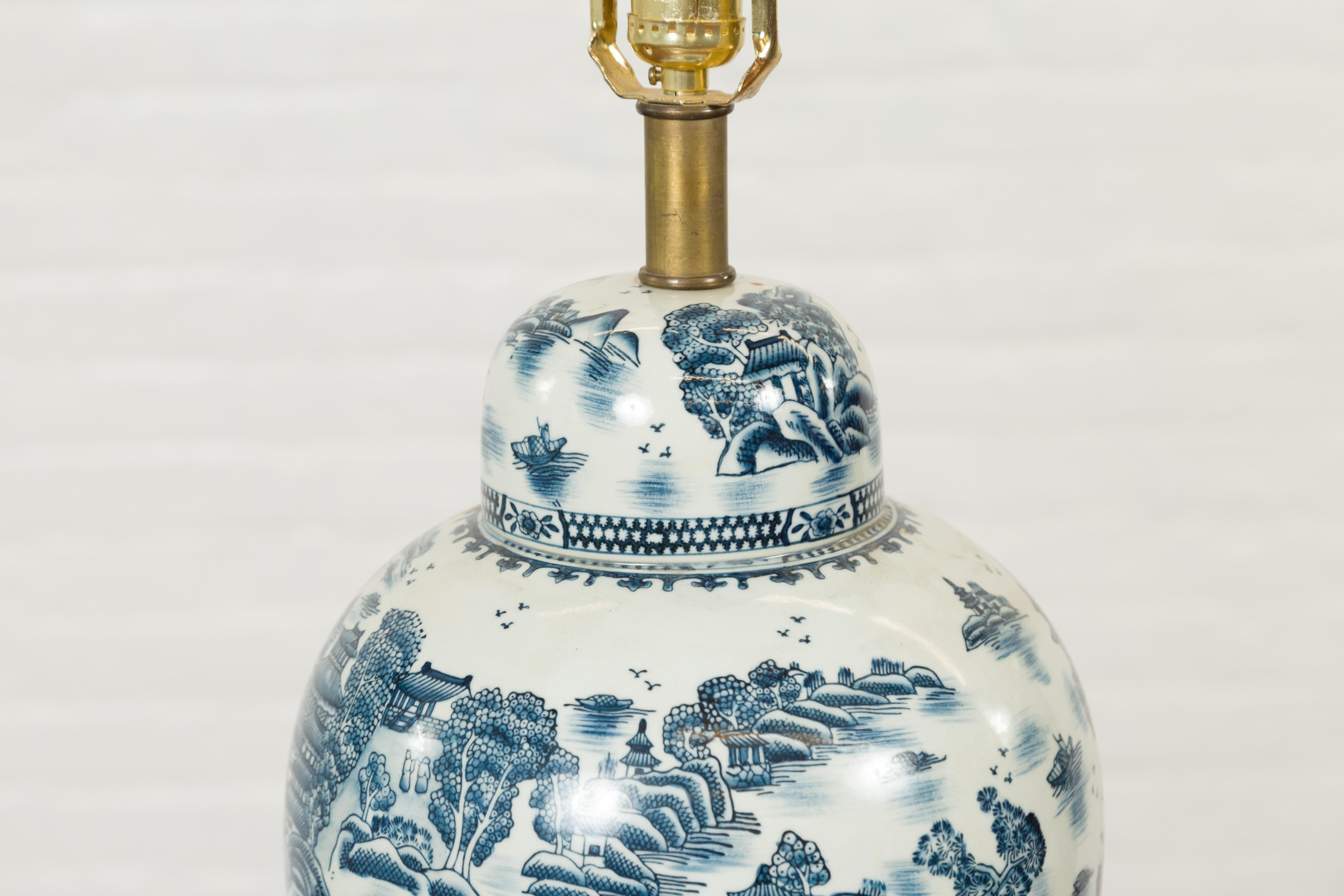 Vintage Chinese Blue and white Porcelain Lamp with Architectures and Landscapes For Sale 5