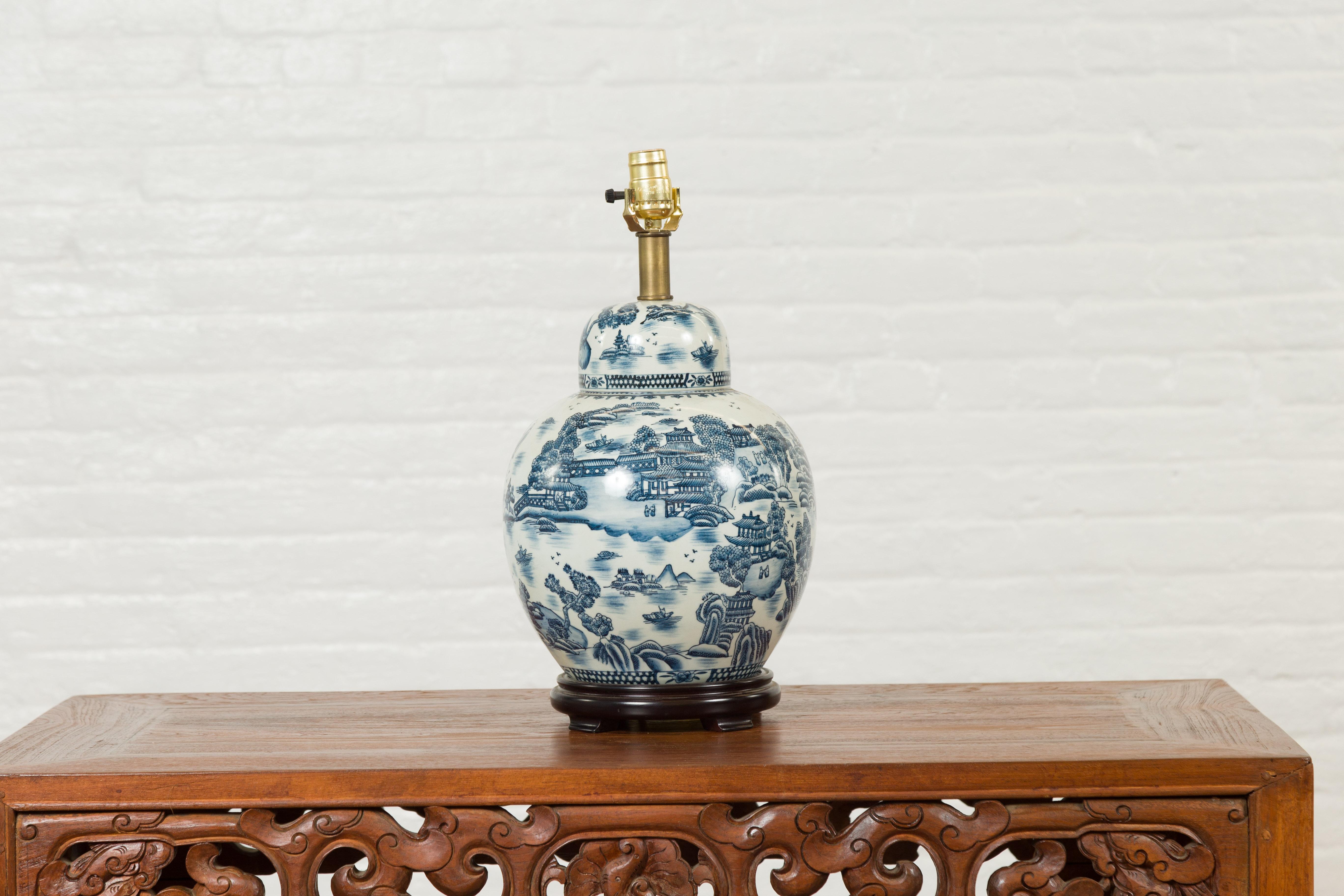 Vintage Chinese Blue and white Porcelain Lamp with Architectures and Landscapes In Good Condition For Sale In Yonkers, NY