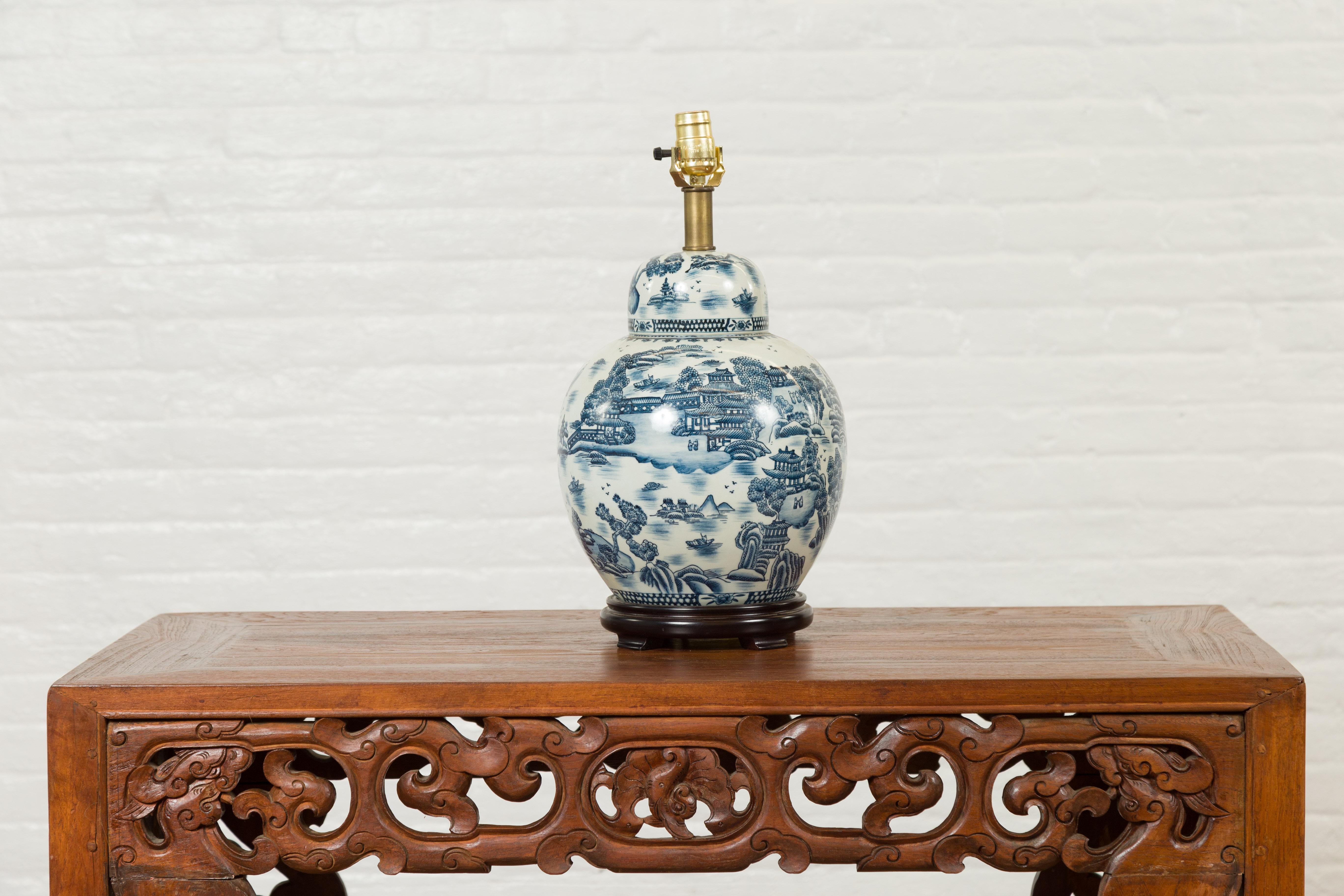 20th Century Vintage Chinese Blue and white Porcelain Lamp with Architectures and Landscapes For Sale