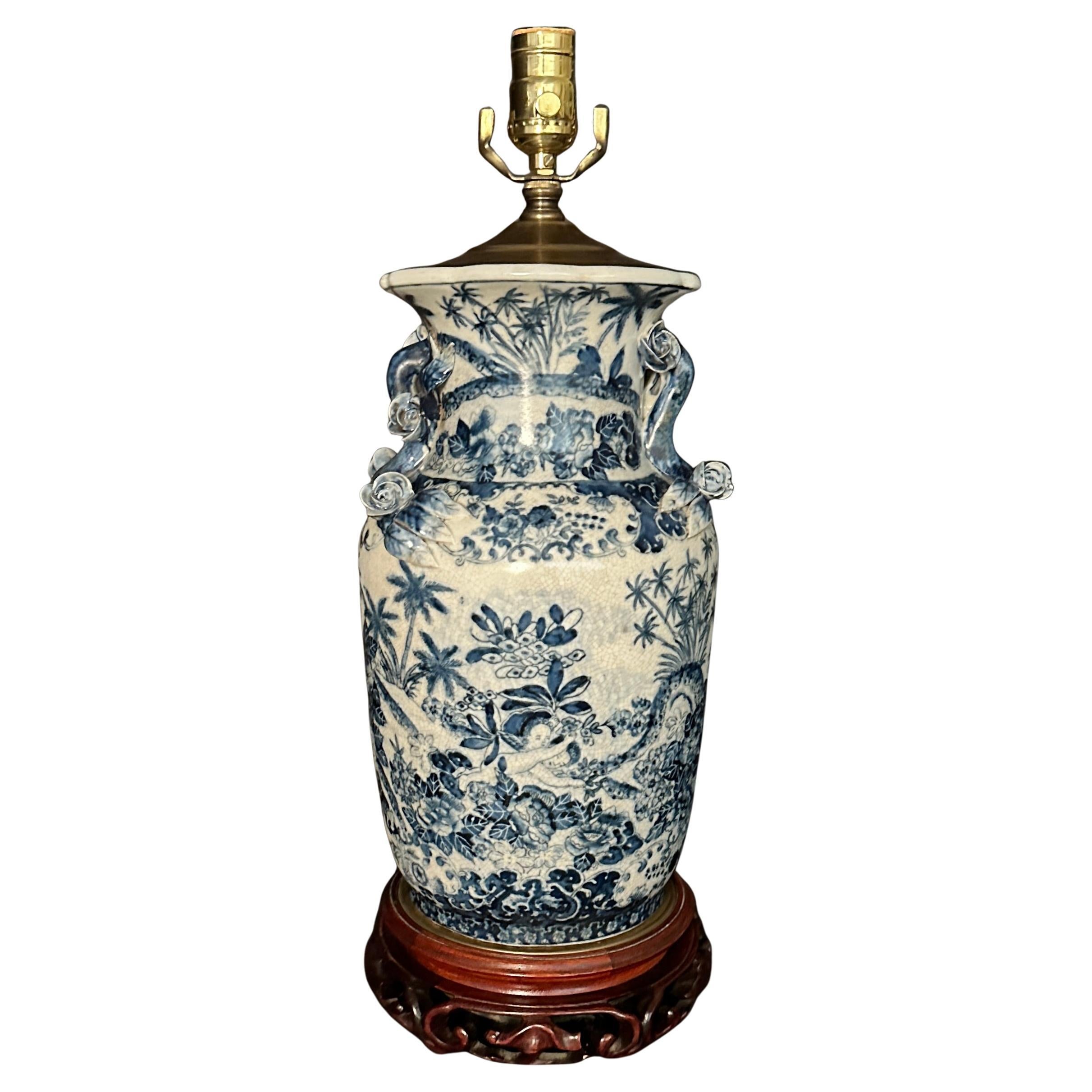 Vintage Chinese Blue And White Vase As Lamp