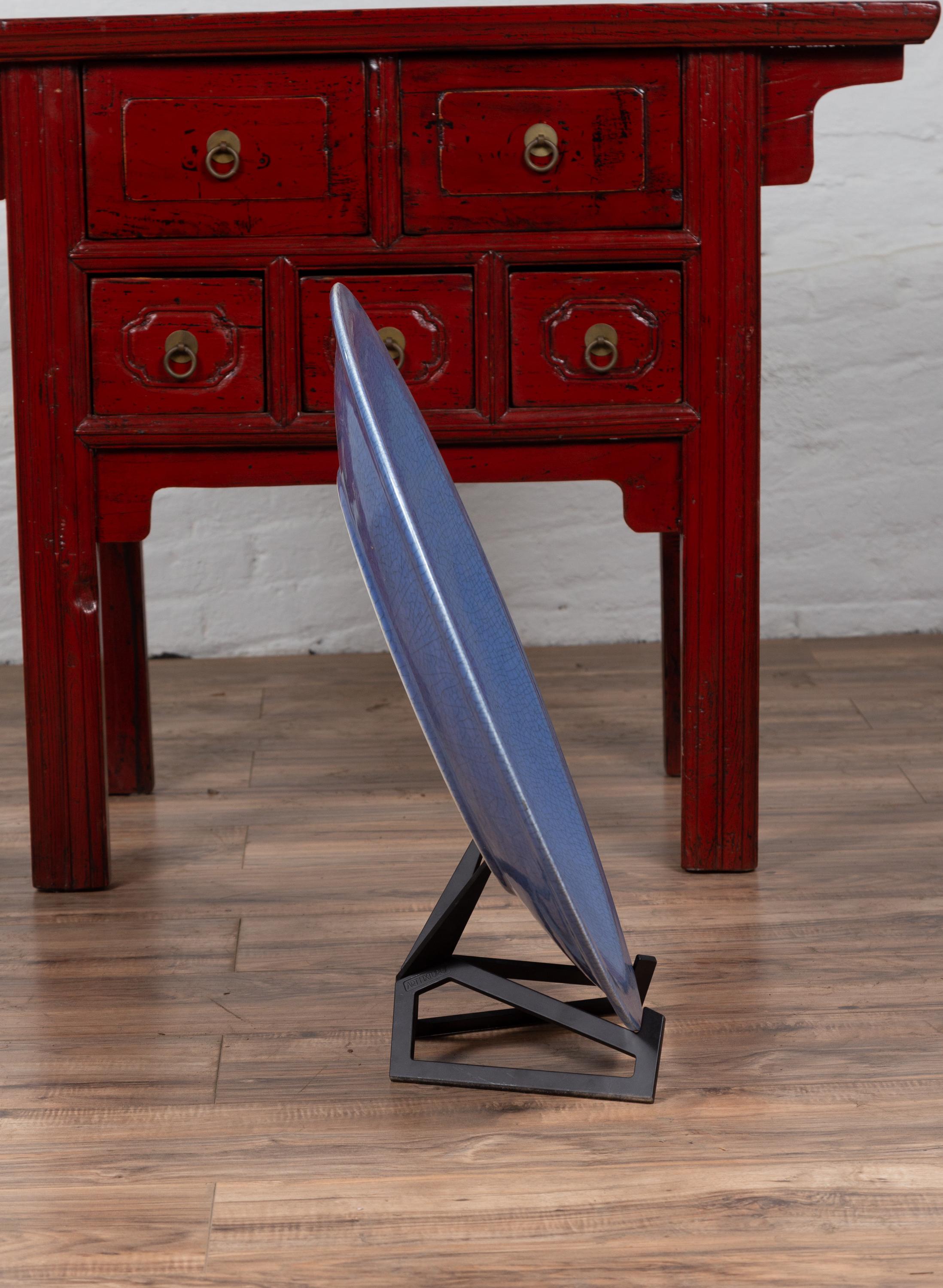 Plato Cargador Vintage Chino de Cerámica Azul de los años 80 Cerámico en venta