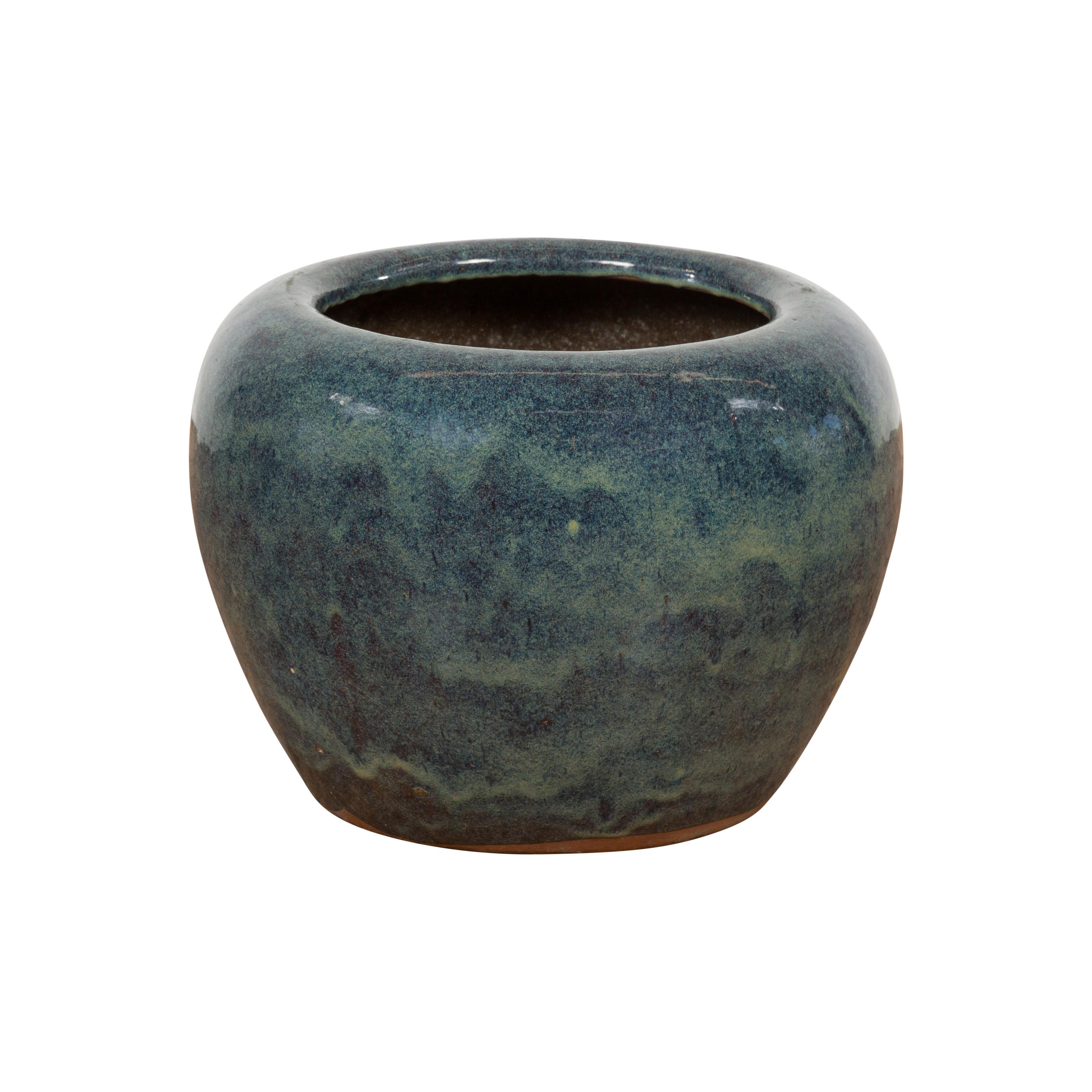Vintage Chinese Blue Ceramic Circular Planter with Subtle Wave Patterns For Sale 9