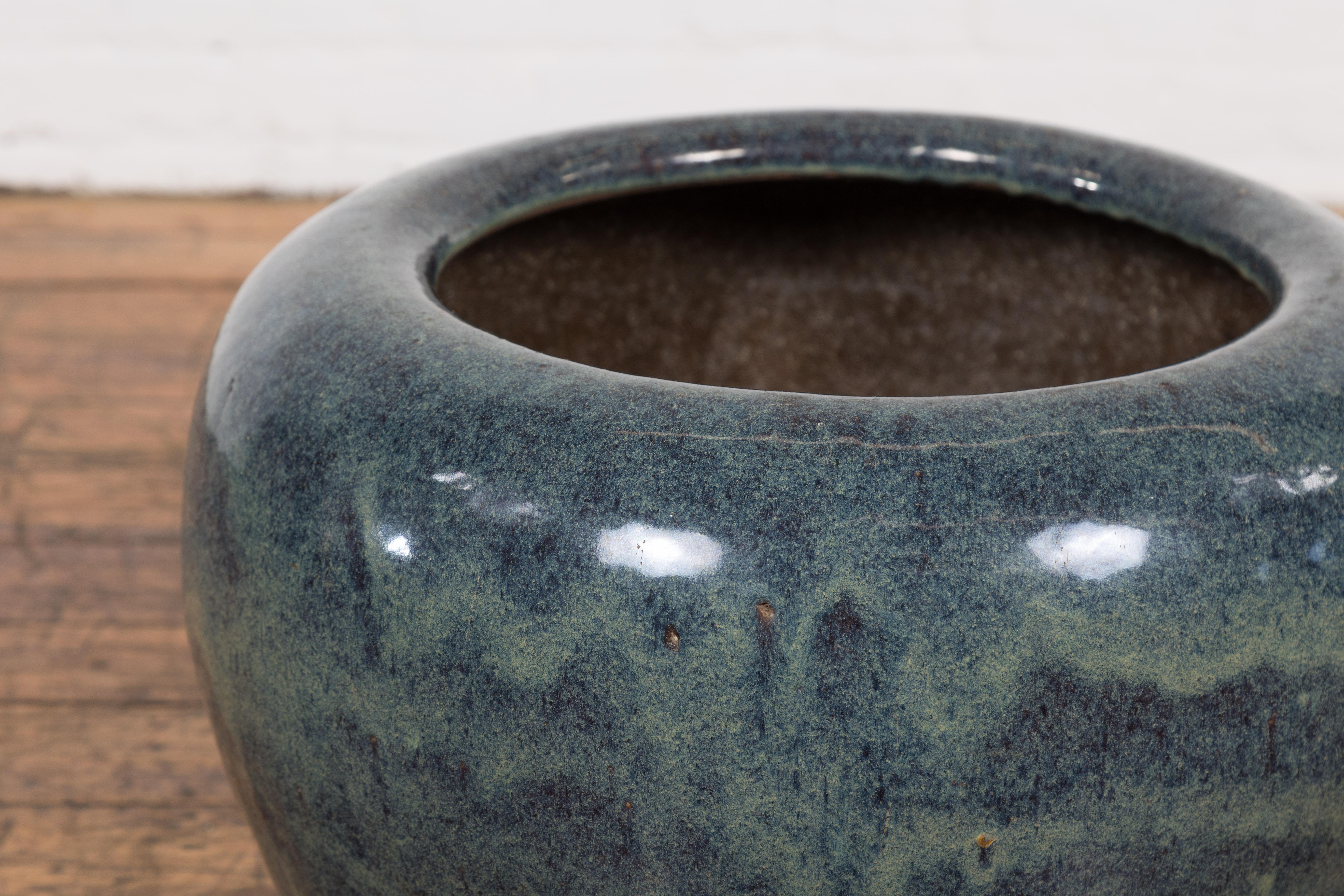 Vintage Chinese Blue Ceramic Circular Planter with Subtle Wave Patterns In Excellent Condition For Sale In Yonkers, NY