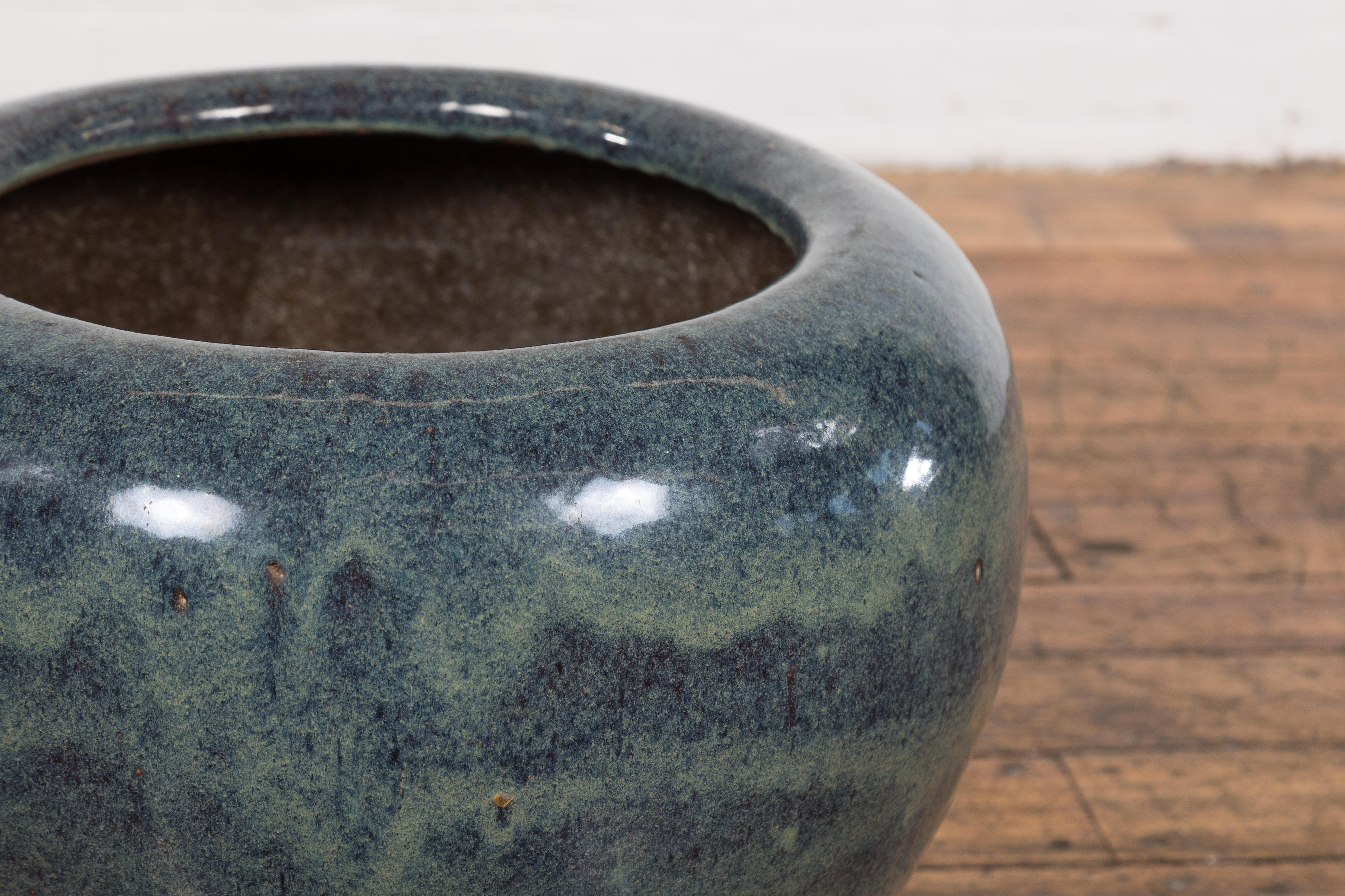 20th Century Vintage Chinese Blue Ceramic Circular Planter with Subtle Wave Patterns For Sale