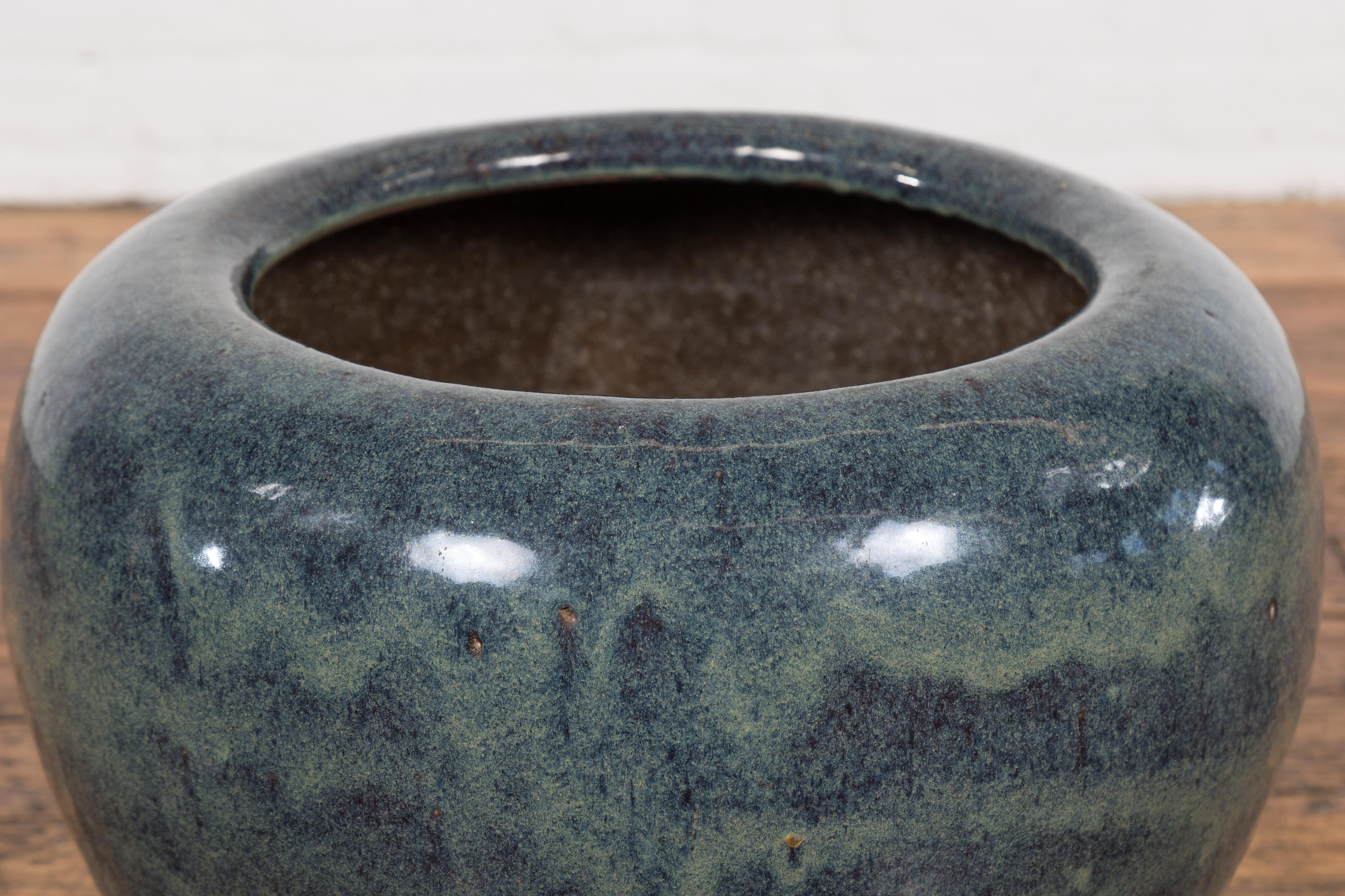 Vintage Chinese Blue Ceramic Circular Planter with Subtle Wave Patterns For Sale 1