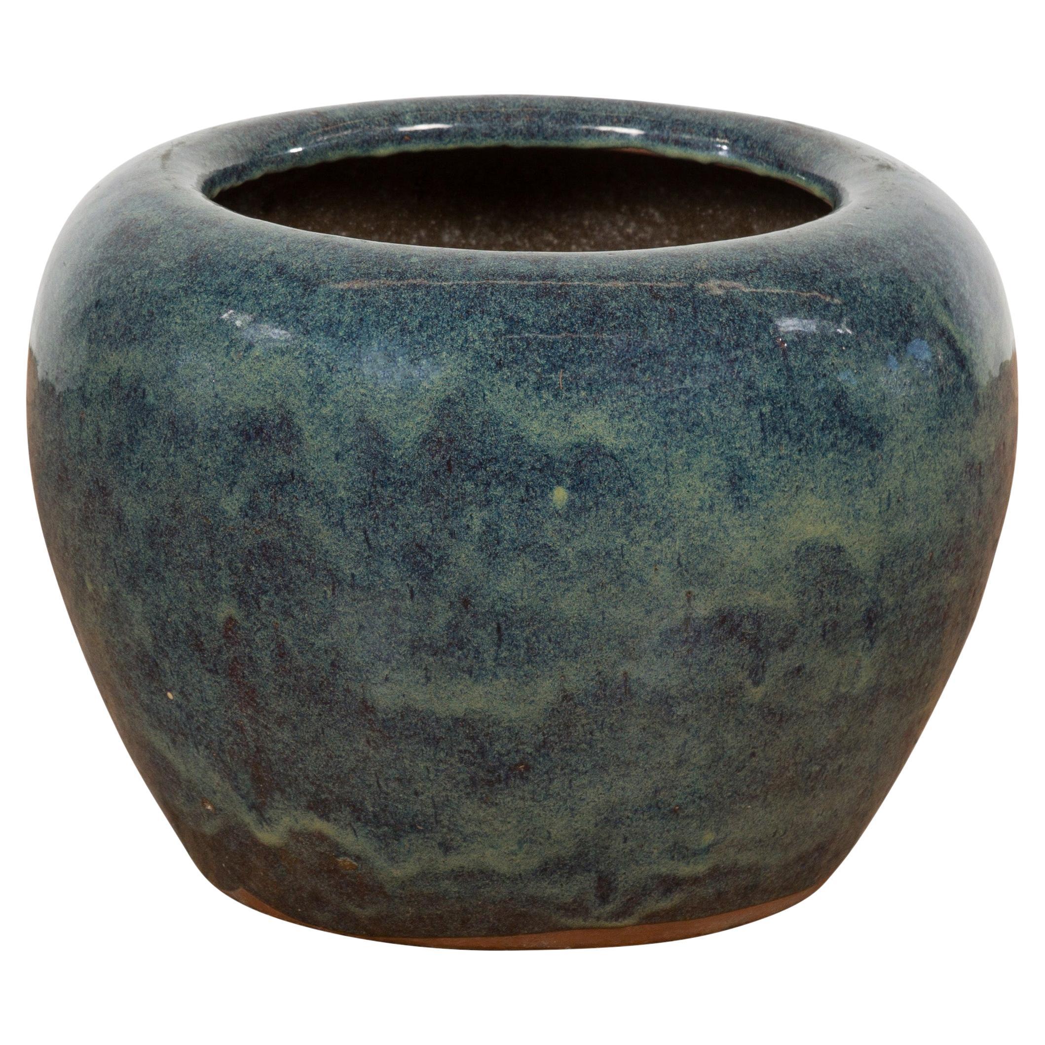 Vintage Chinese Blue Ceramic Circular Planter with Subtle Wave Patterns For Sale