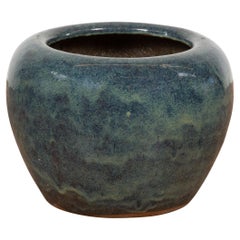 Vintage Chinese Blue Ceramic Circular Planter with Subtle Wave Patterns