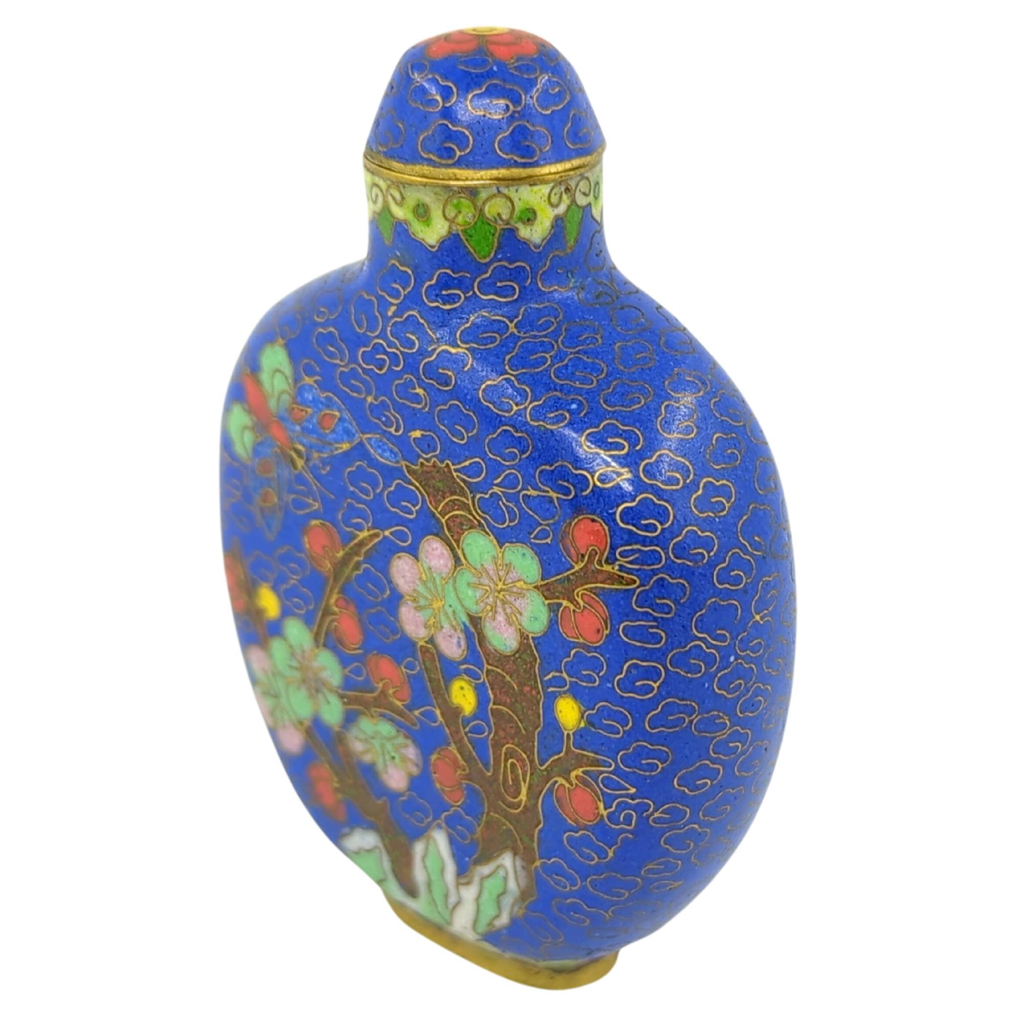 Qing Vintage Chinese Blue Cloisonne Snuff Bottle Multicolour Butterfly & Blossoms 20c For Sale