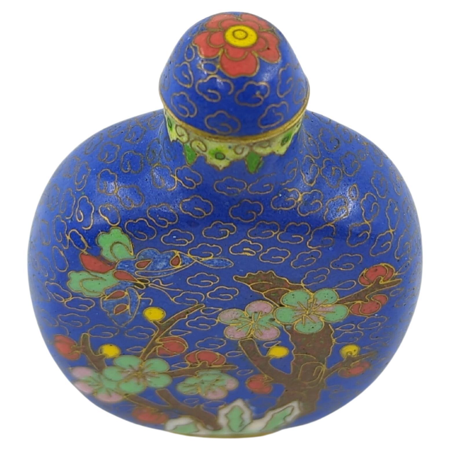 20th Century Vintage Chinese Blue Cloisonne Snuff Bottle Multicolour Butterfly & Blossoms 20c For Sale