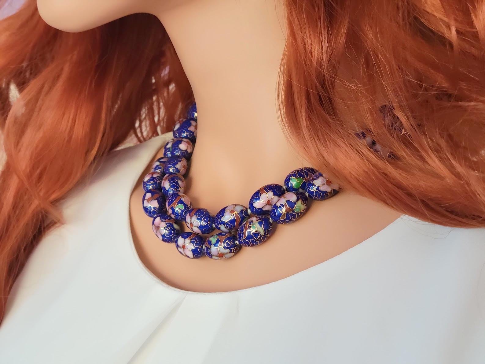 Women's Vintage Chinese Blue Enamel Cloisonné Necklace For Sale