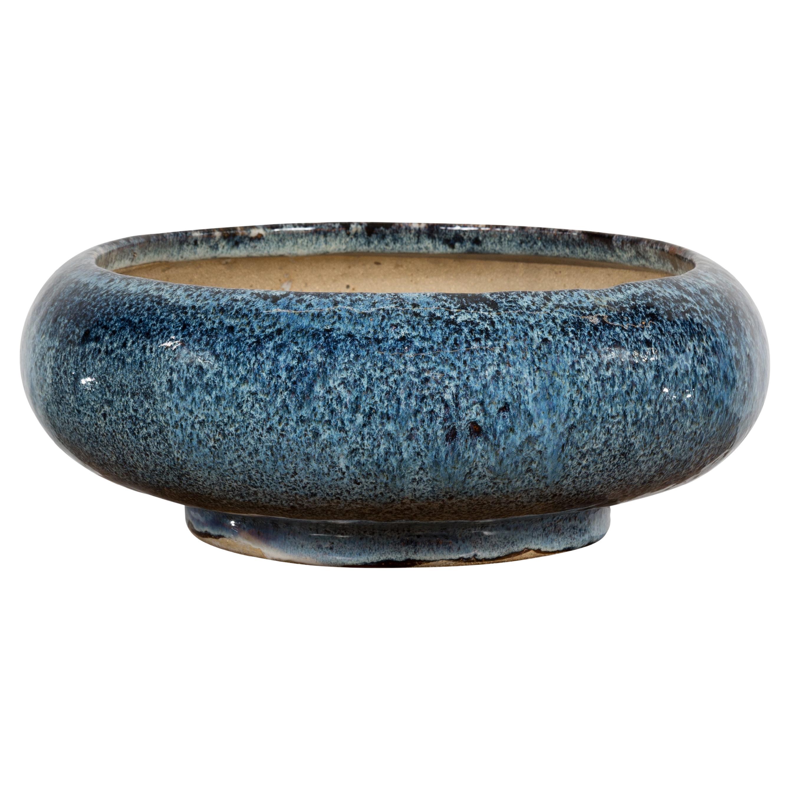 Jardinière chinoise vintage en céramique à glaçure bleue