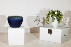 Vintage Chinese Blue-Glazed Ceramic Planter with Rounded Form and Brown Accents