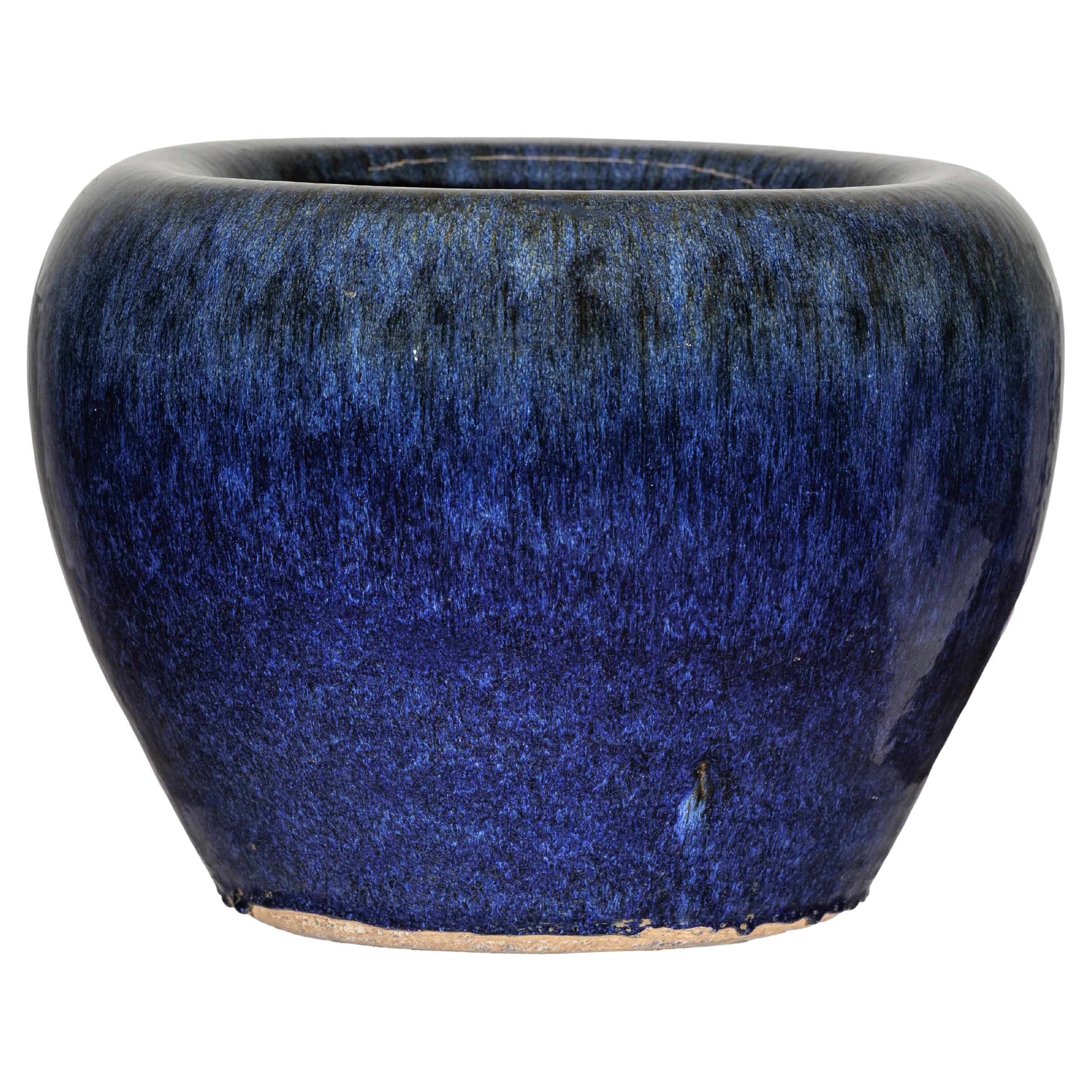 Vintage Chinese Blue-Glazed Ceramic Planter with Rounded Form and Brown Accents