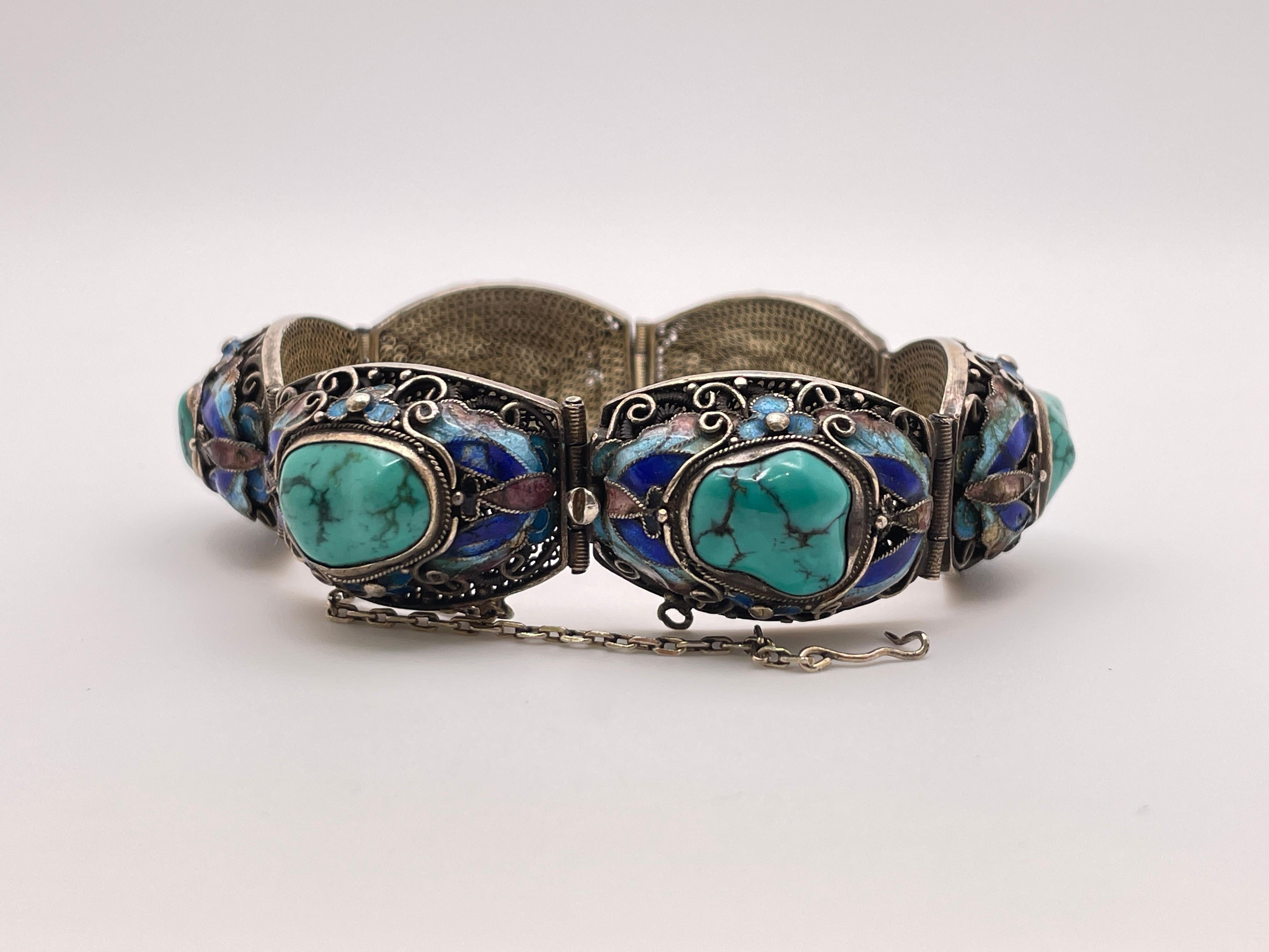 Pulsera china vintage de plata de ley con turquesa verde azulada en venta 5
