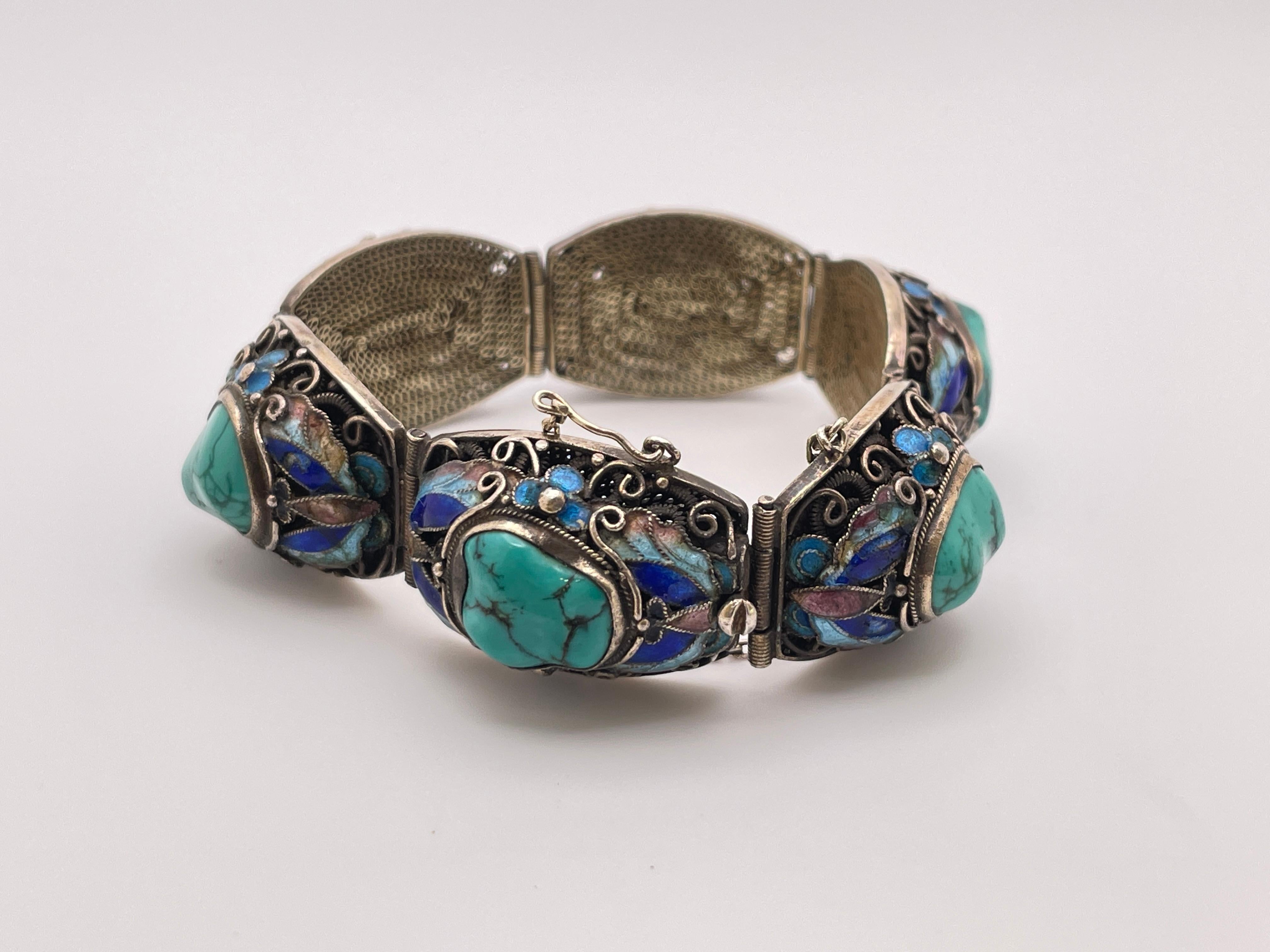 Pulsera china vintage de plata de ley con turquesa verde azulada en venta 7