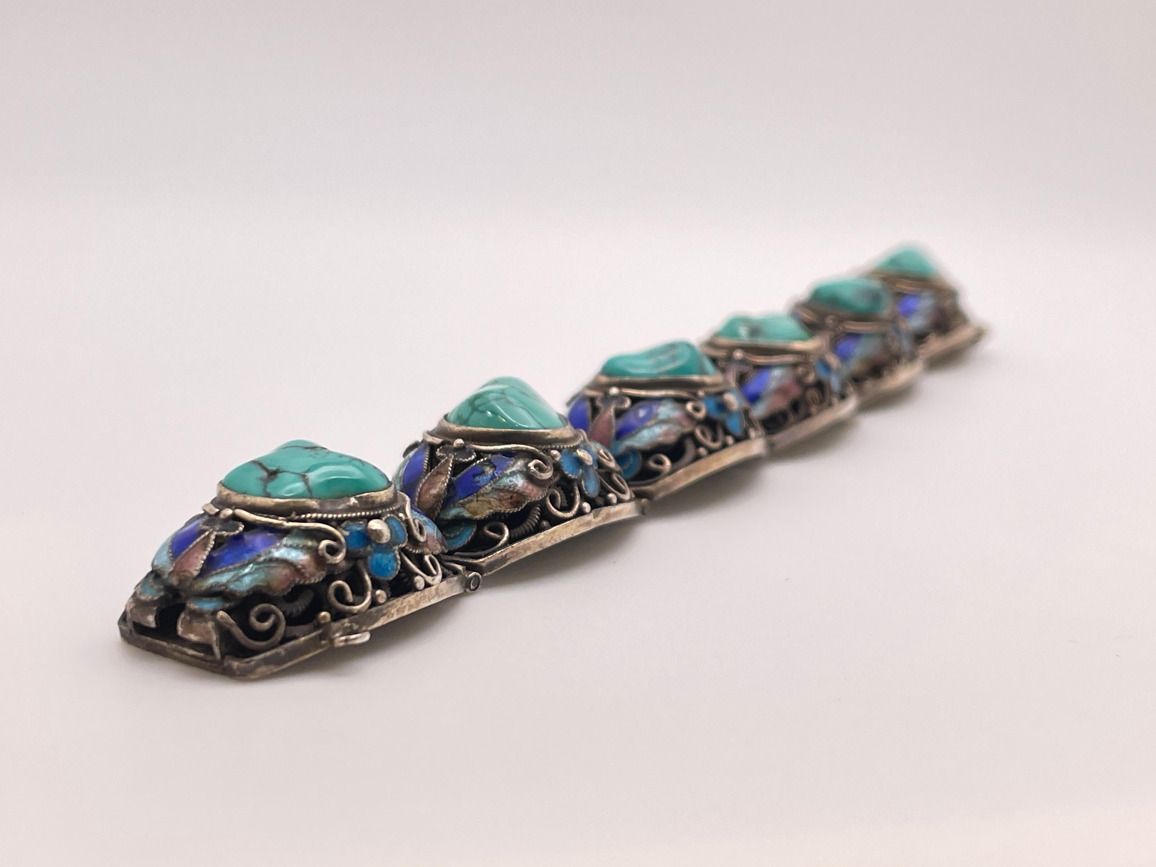 Pulsera china vintage de plata de ley con turquesa verde azulada Sin cortar en venta