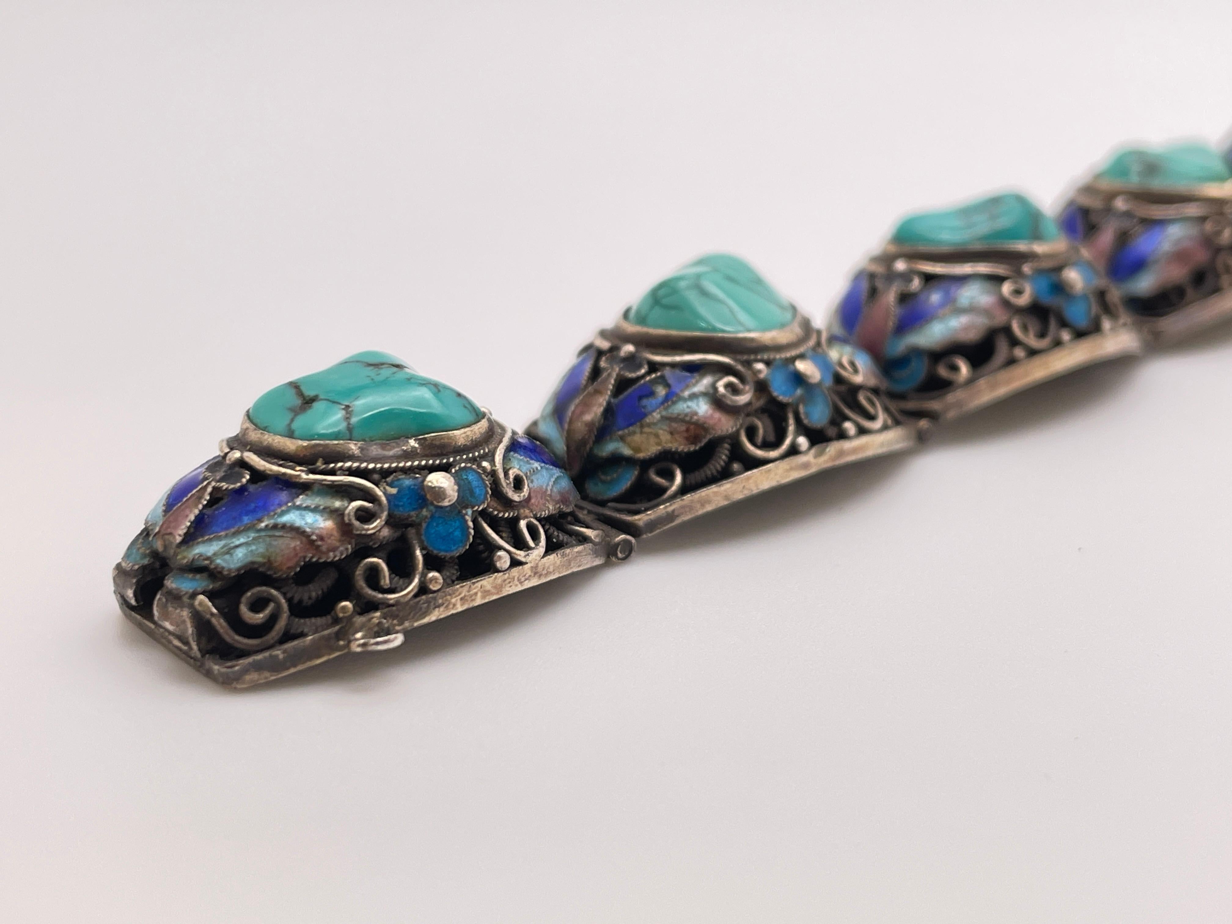 Pulsera china vintage de plata de ley con turquesa verde azulada en Bueno estado para la venta en Westport, CT