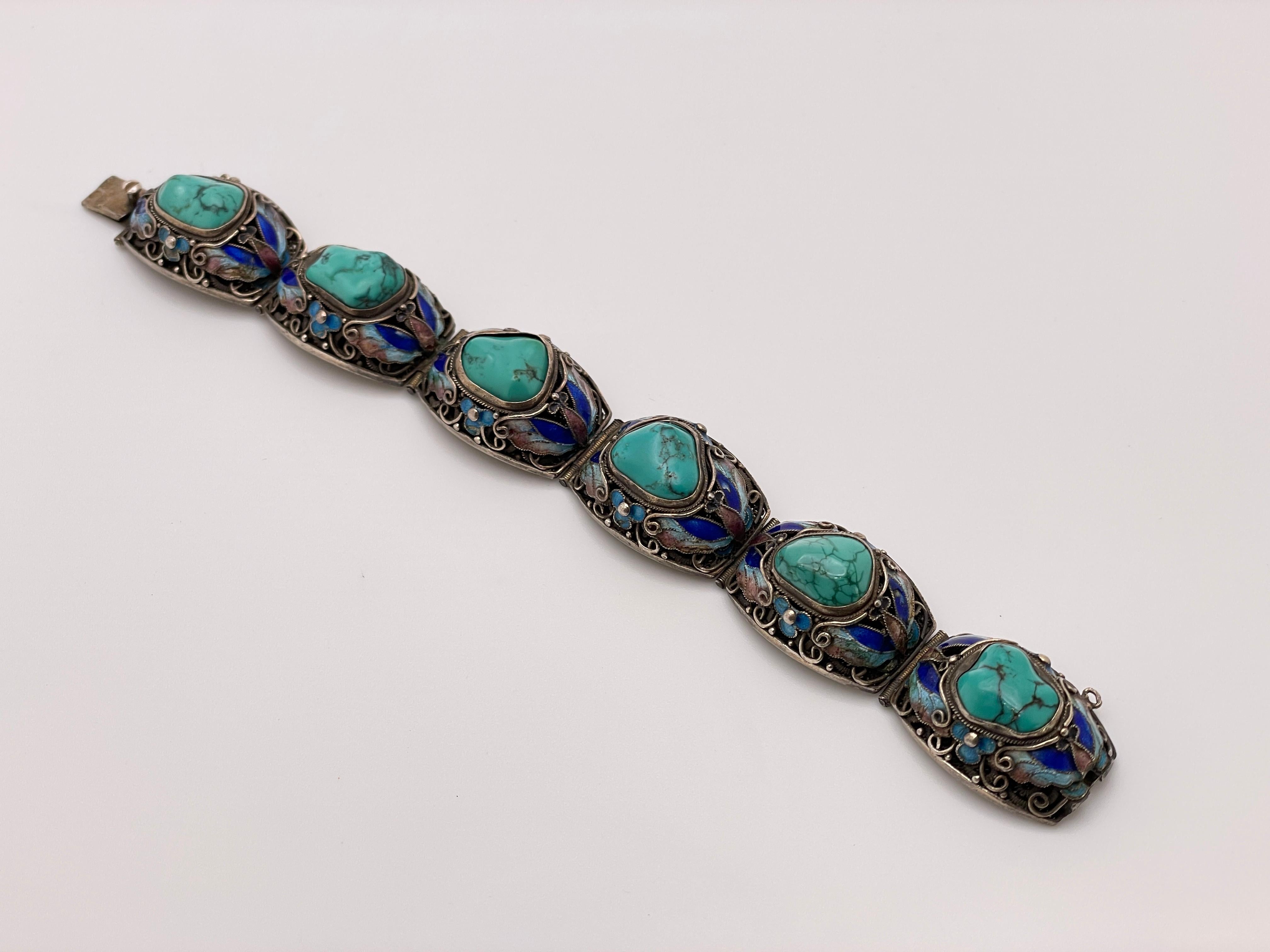Femenino o masculino Pulsera china vintage de plata de ley con turquesa verde azulada en venta