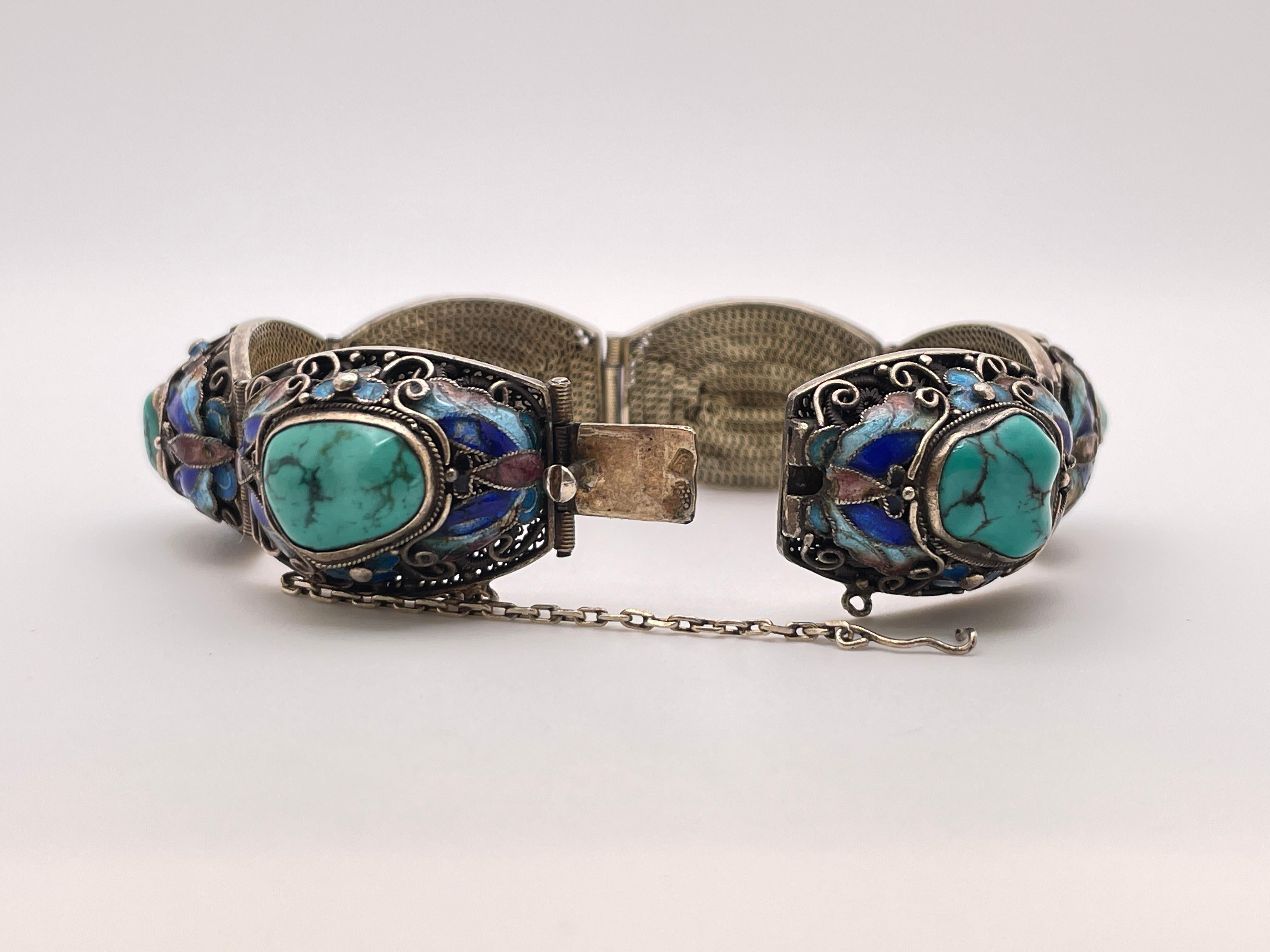 Pulsera china vintage de plata de ley con turquesa verde azulada en venta 4