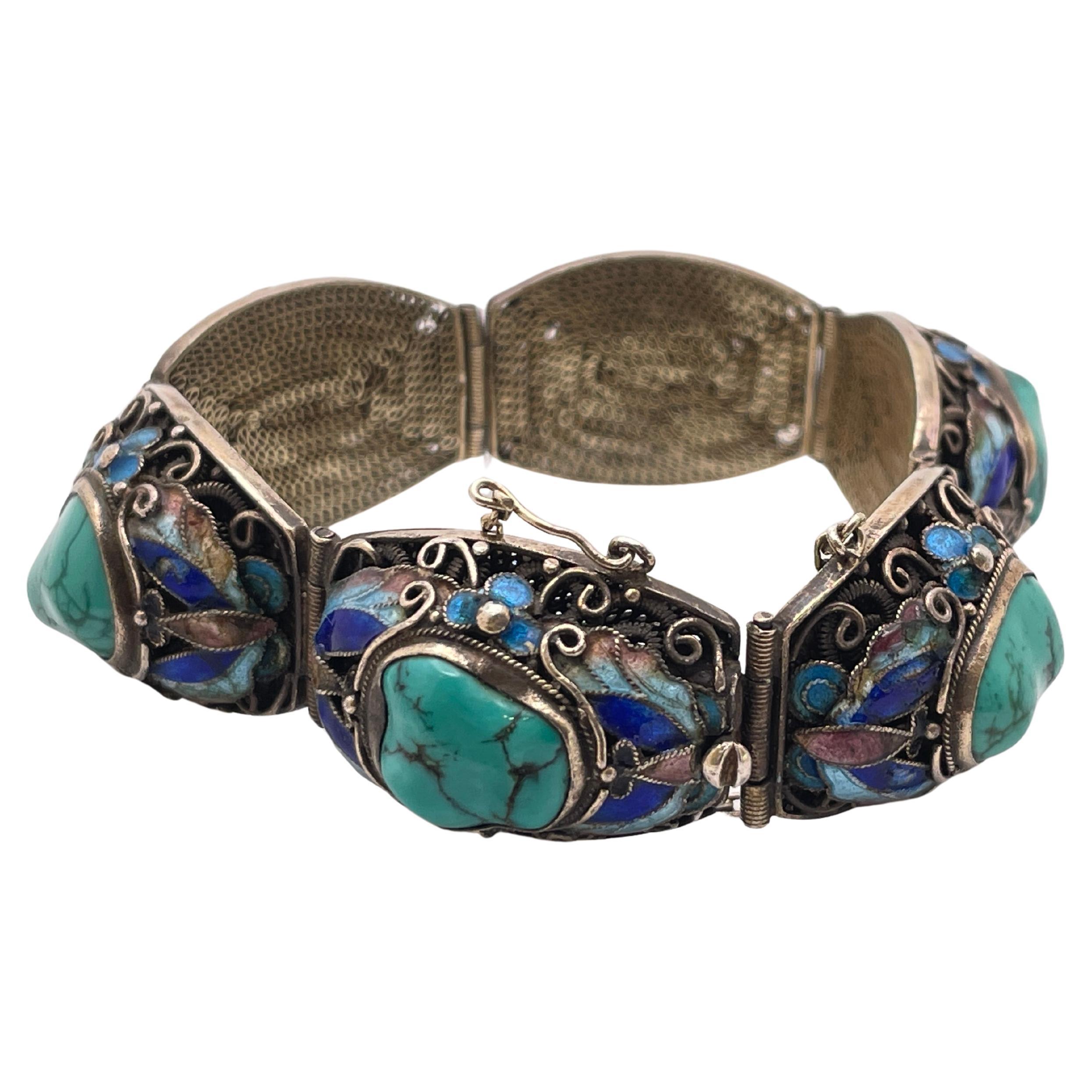 Pulsera china vintage de plata de ley con turquesa verde azulada