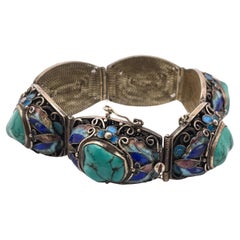 Pulsera china vintage de plata de ley con turquesa verde azulada