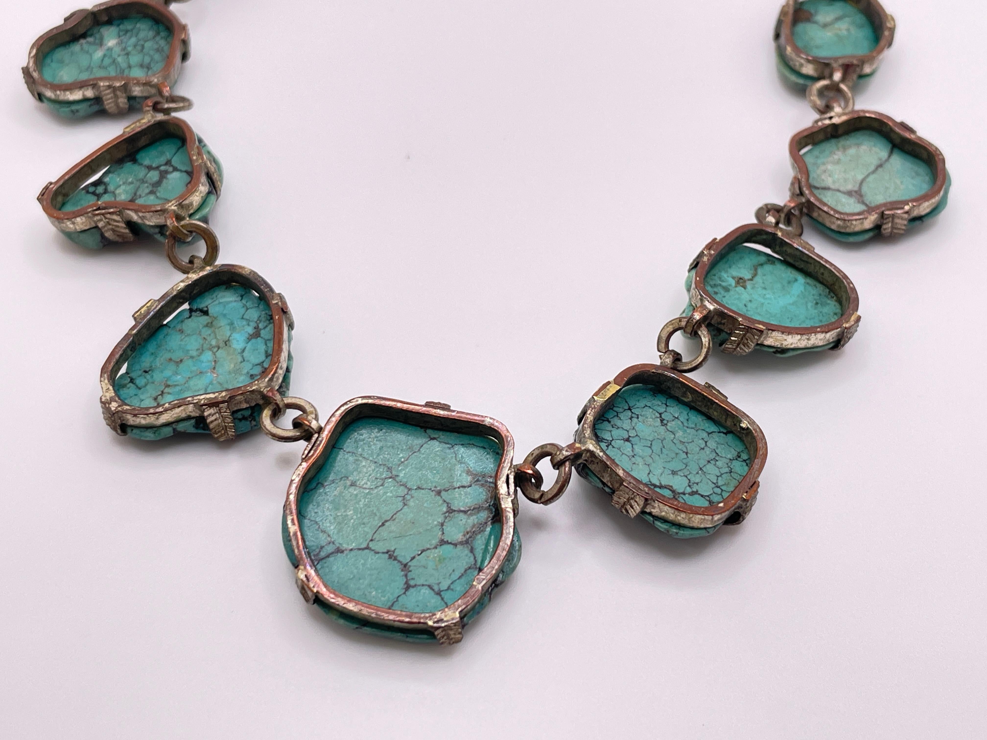 Vintage Chinese Blue Green Turquoise Sterling Silver Necklace im Angebot 5