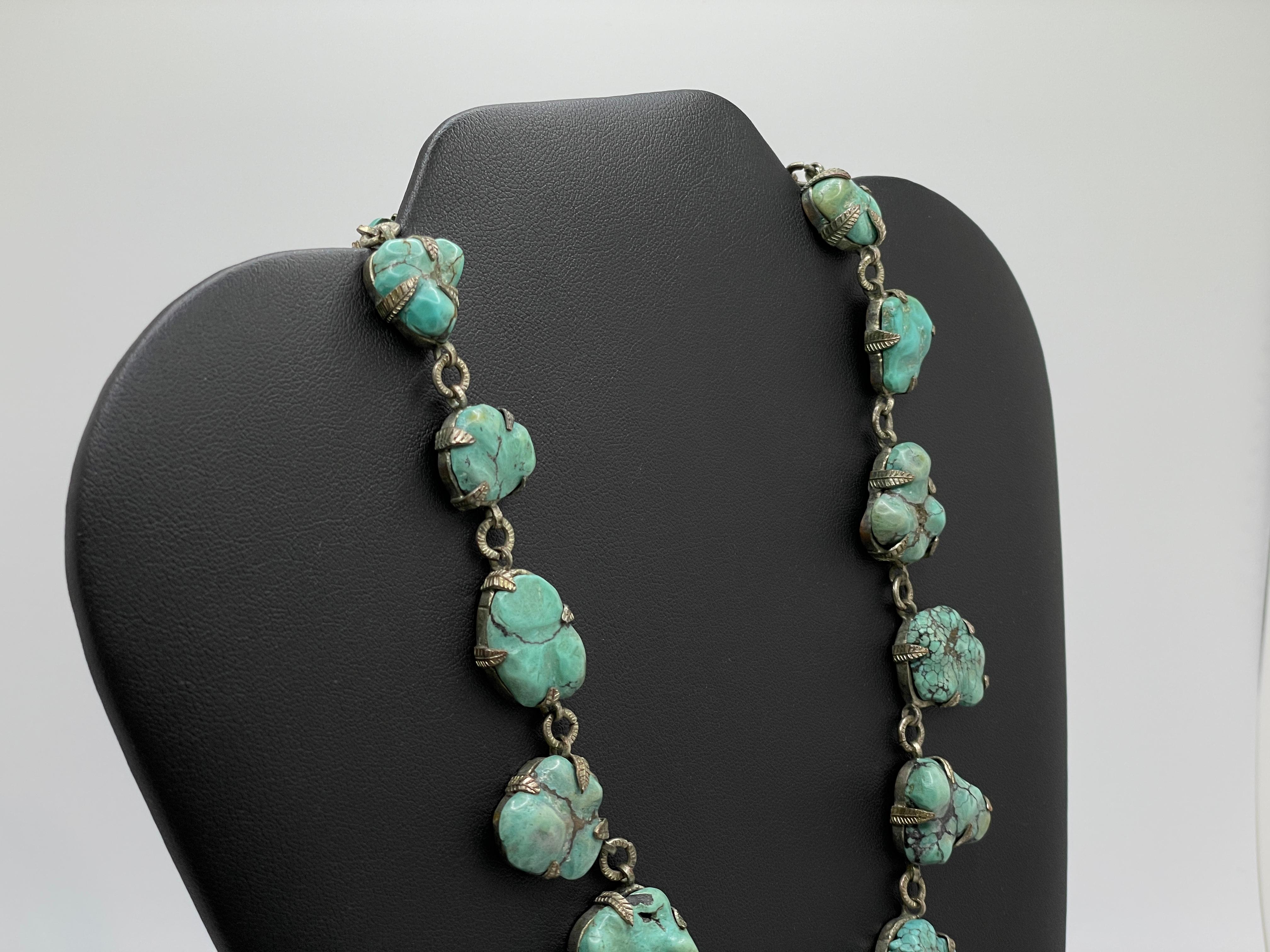 Vintage Chinese Blue Green Turquoise Sterling Silver Necklace (Ungeschliffen) im Angebot