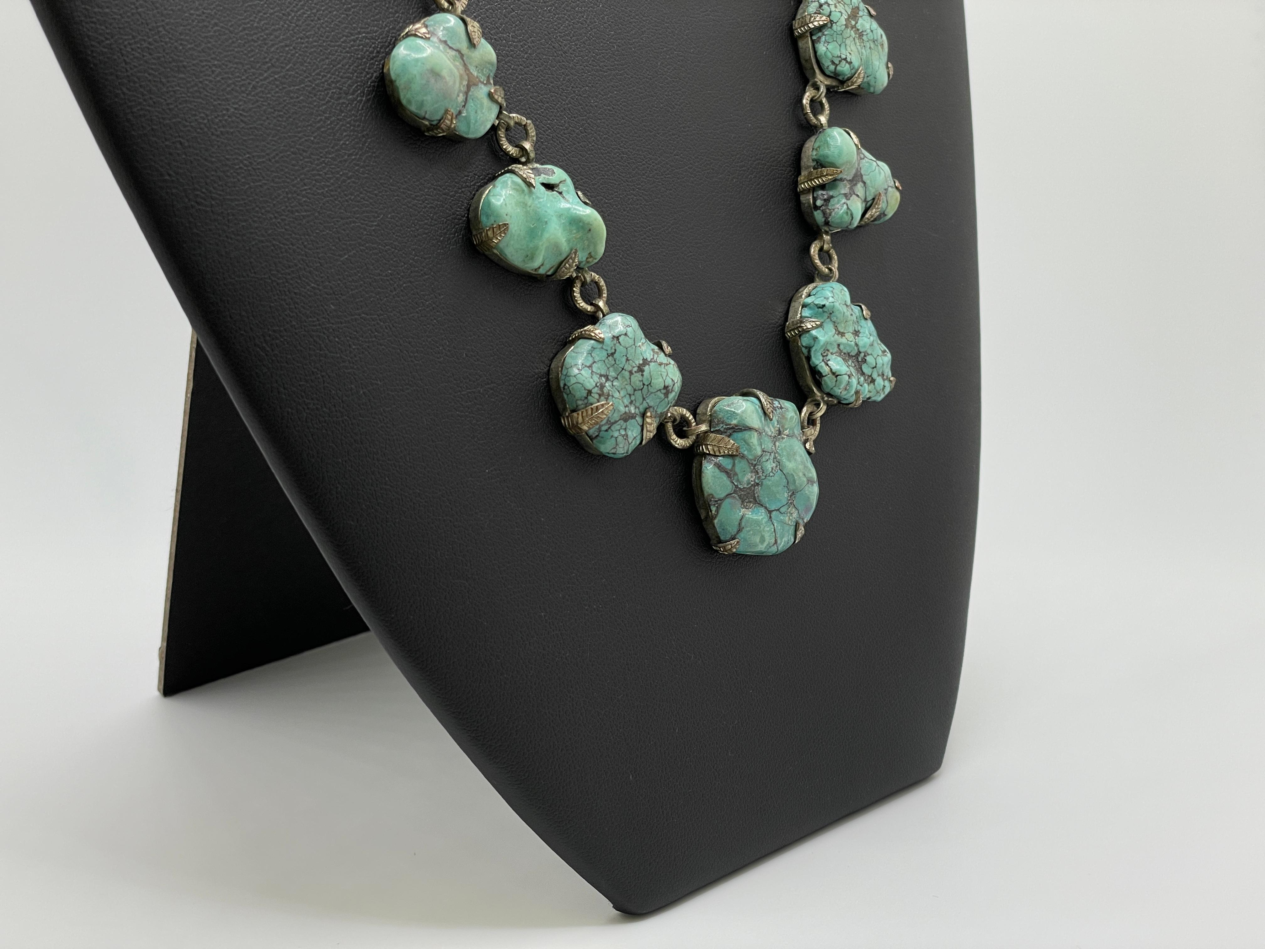 Vintage Chinese Blue Green Turquoise Sterling Silver Necklace im Zustand „Gut“ im Angebot in Westport, CT