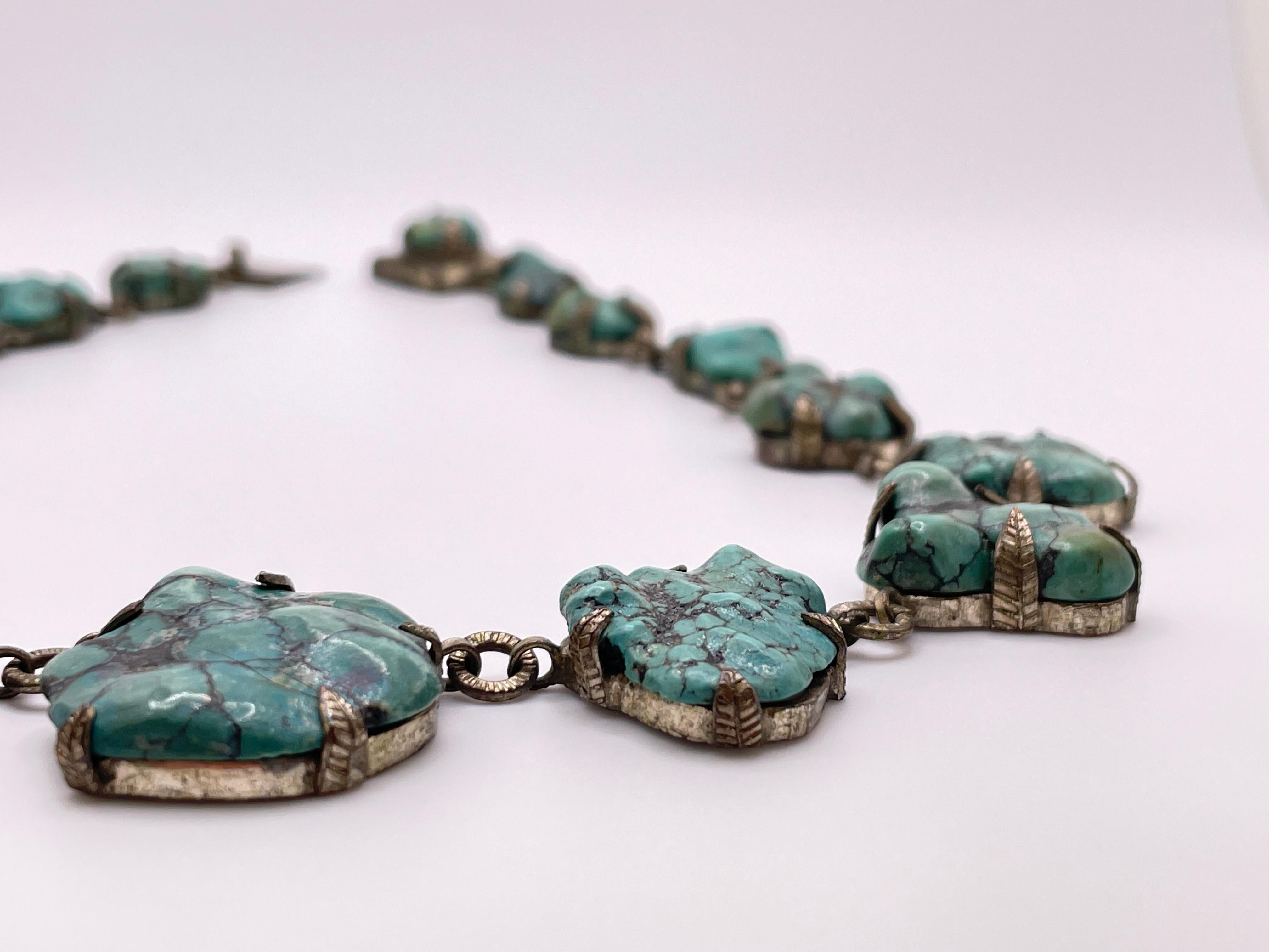 Vintage Chinese Blue Green Turquoise Sterling Silver Necklace im Angebot 1