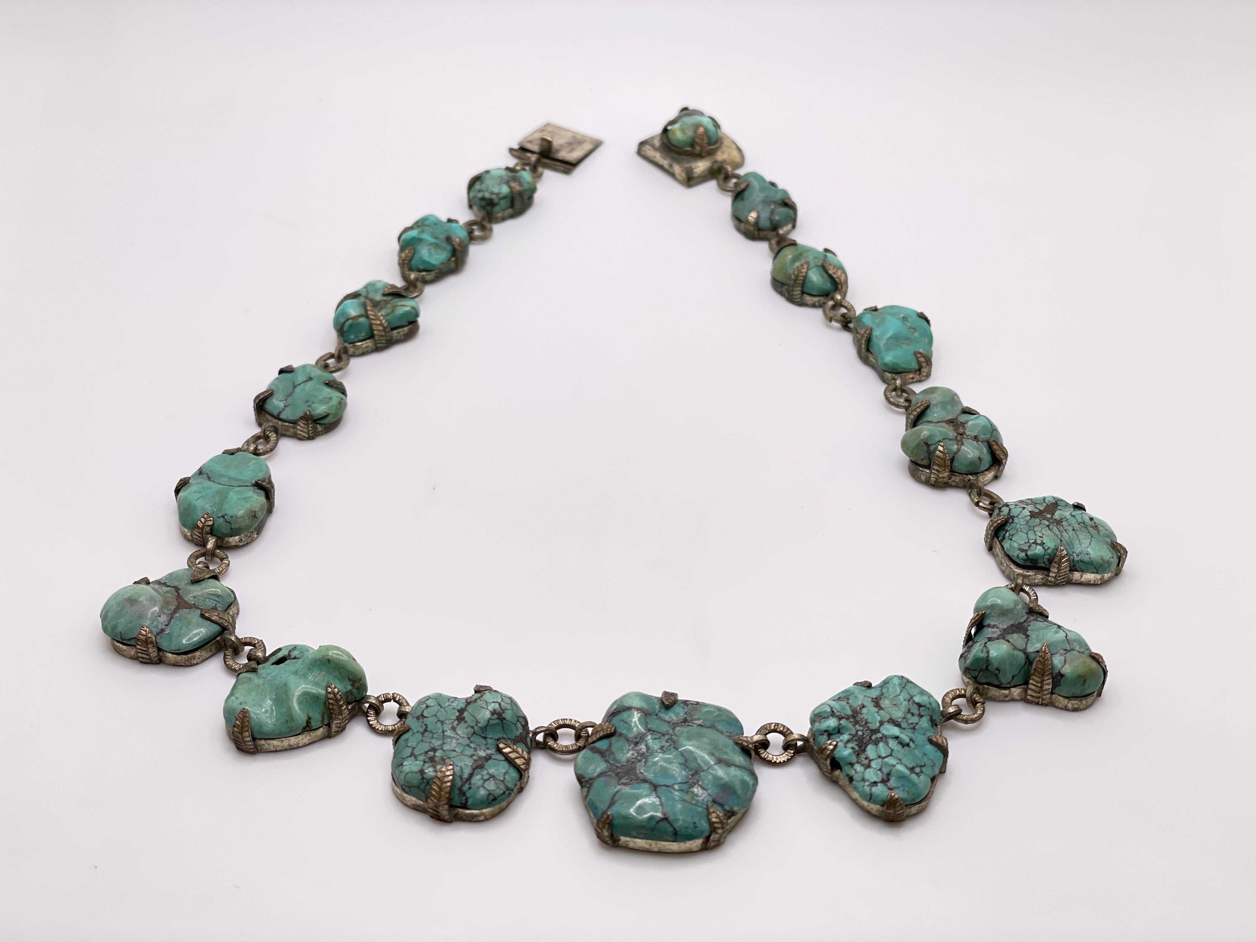 Vintage Chinese Blue Green Turquoise Sterling Silver Necklace im Angebot 2