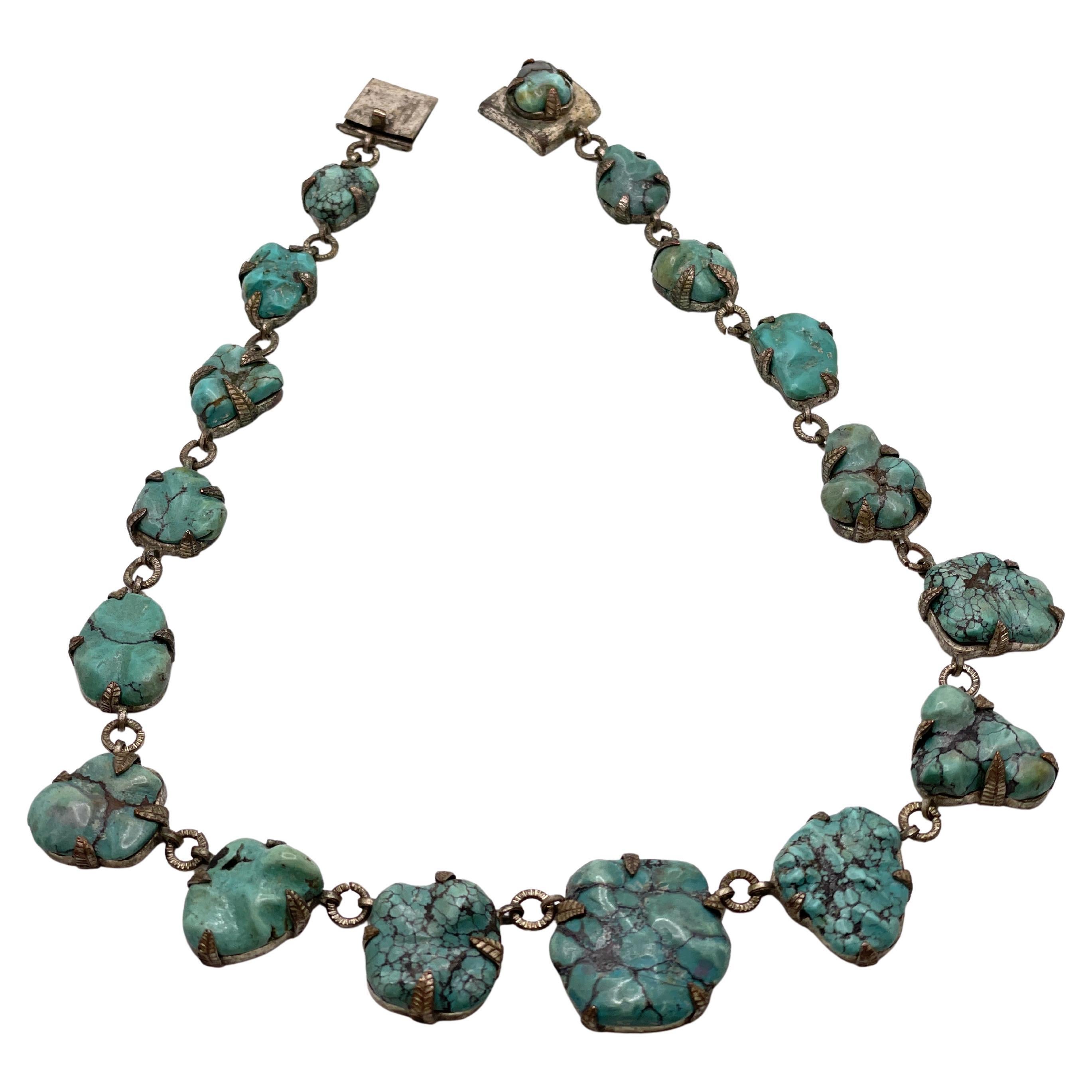 Vintage Chinese Blue Green Turquoise Sterling Silver Necklace im Angebot
