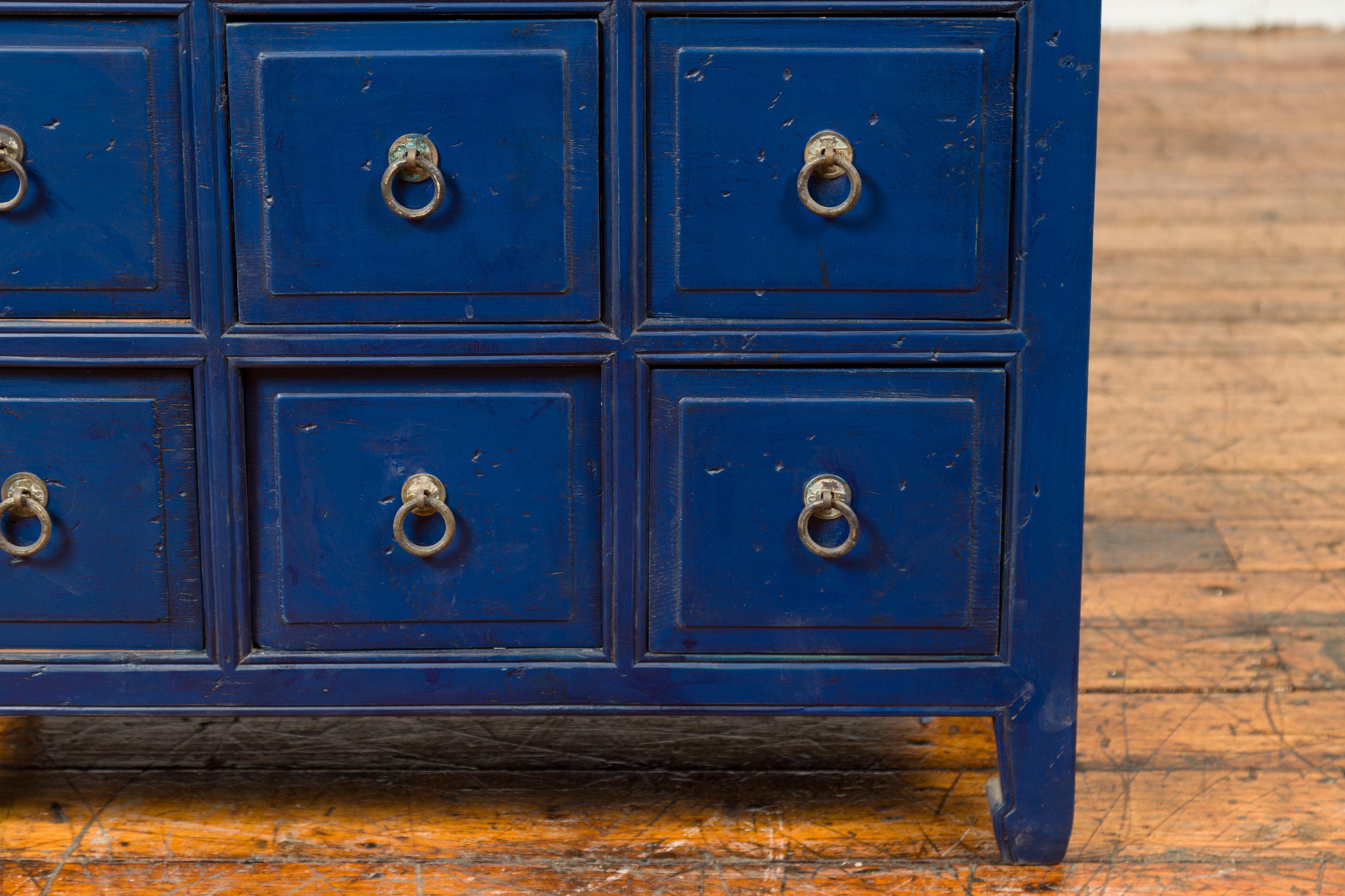 Vintage Chinese Blue Painted Nine-Drawer Apothecary Chest with Brass Ring Pulls 3