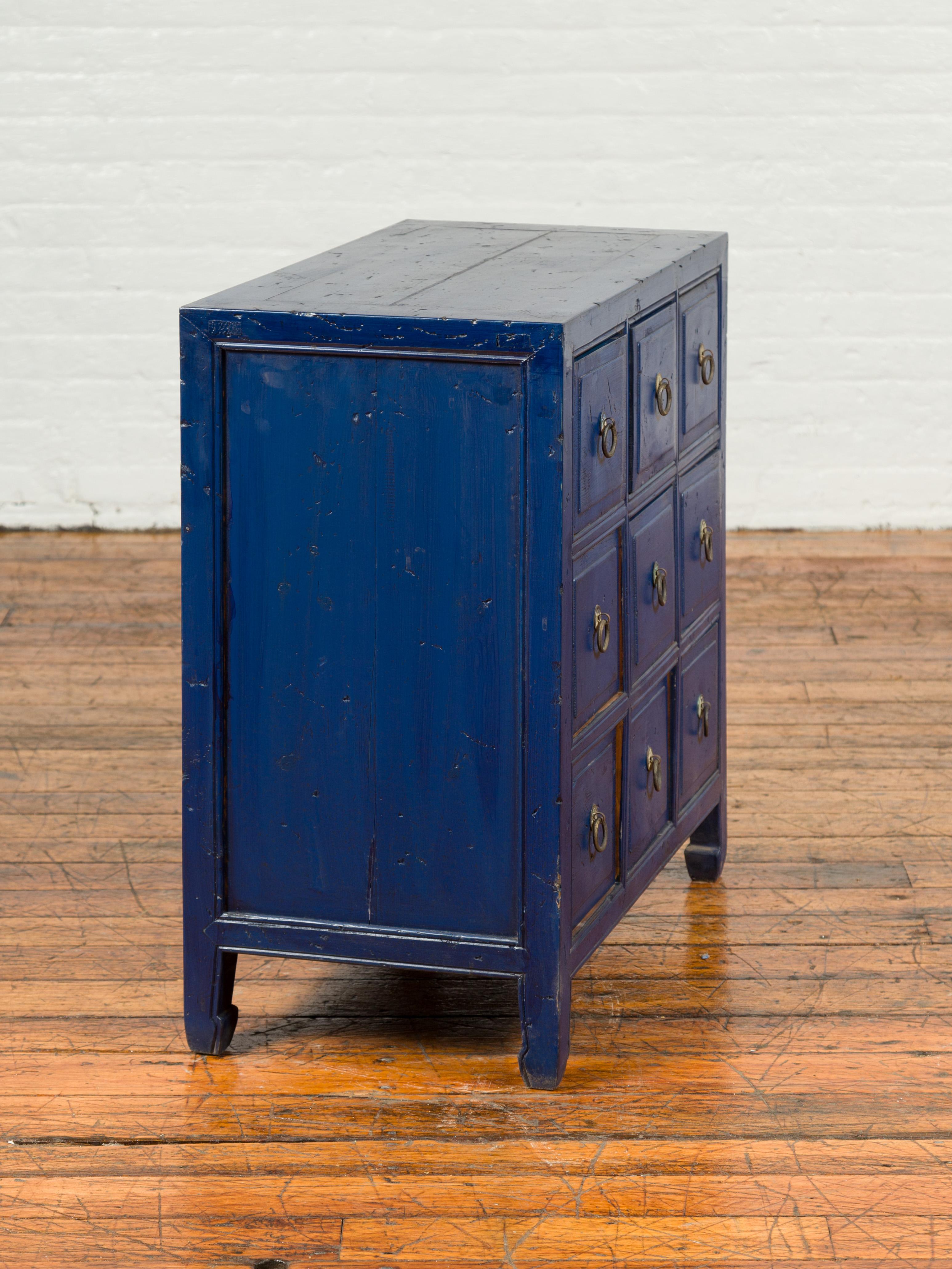 Vintage Chinese Blue Painted Nine-Drawer Apothecary Chest with Brass Ring Pulls 5