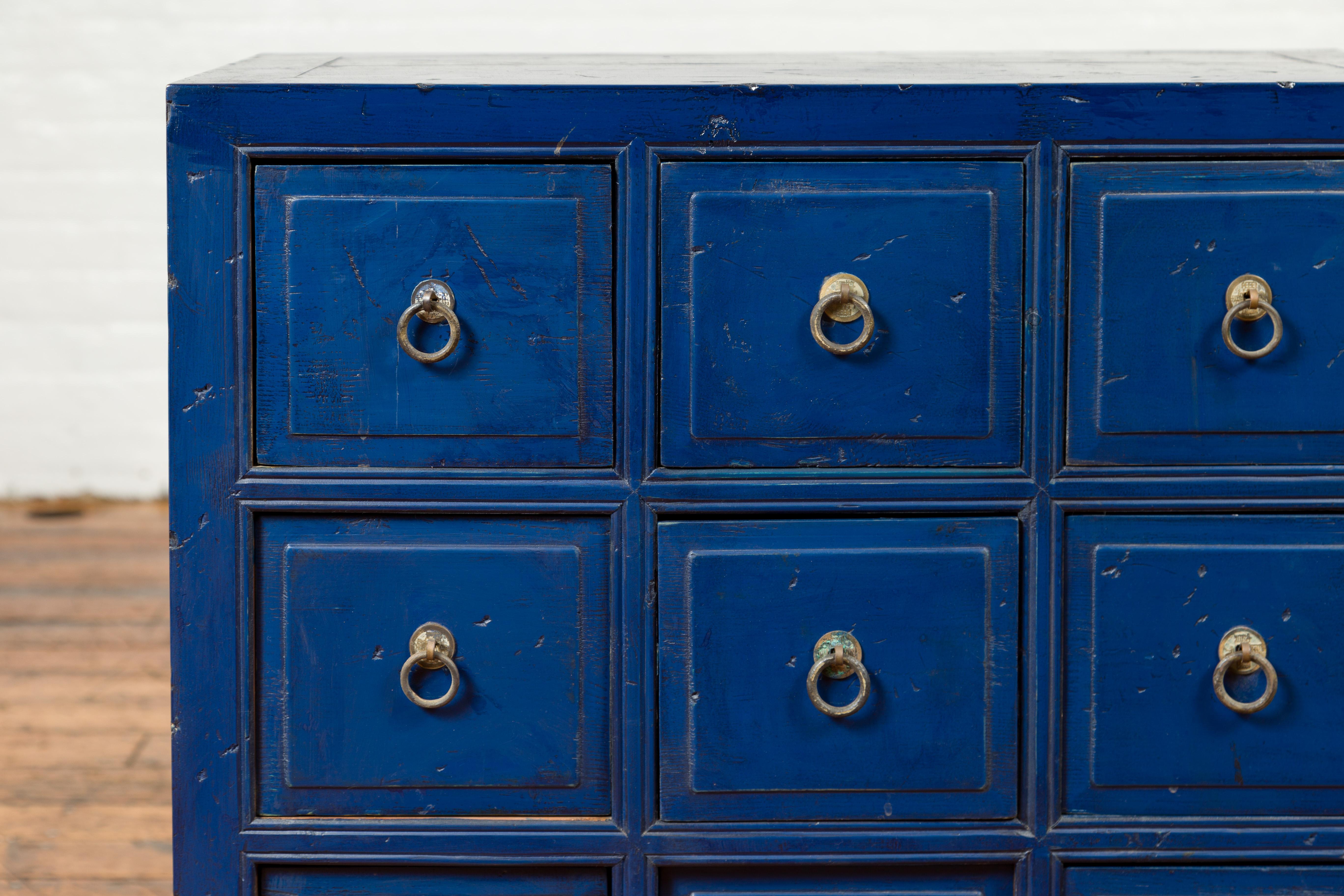 20th Century Vintage Chinese Blue Painted Nine-Drawer Apothecary Chest with Brass Ring Pulls