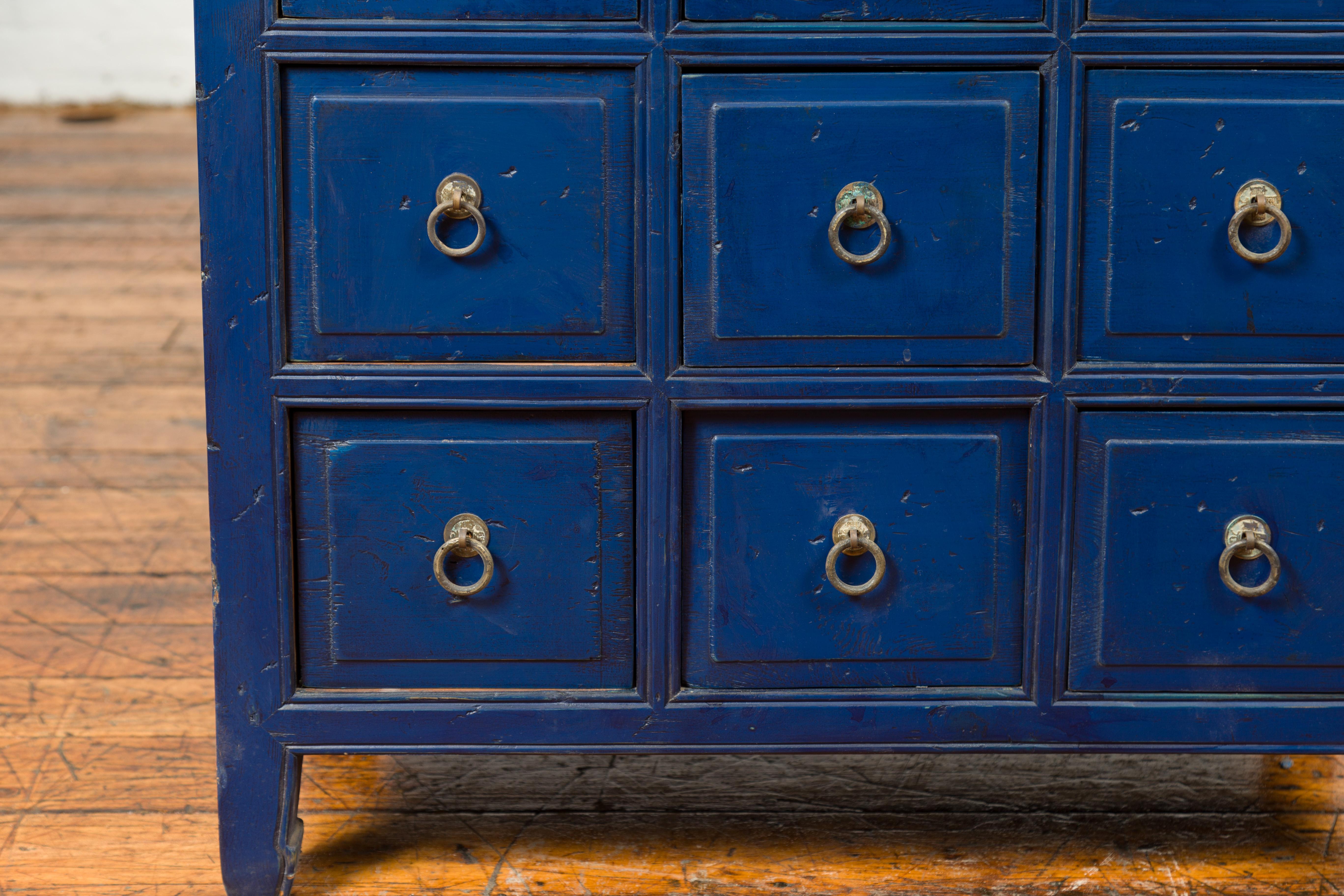 Vintage Chinese Blue Painted Nine-Drawer Apothecary Chest with Brass Ring Pulls 1