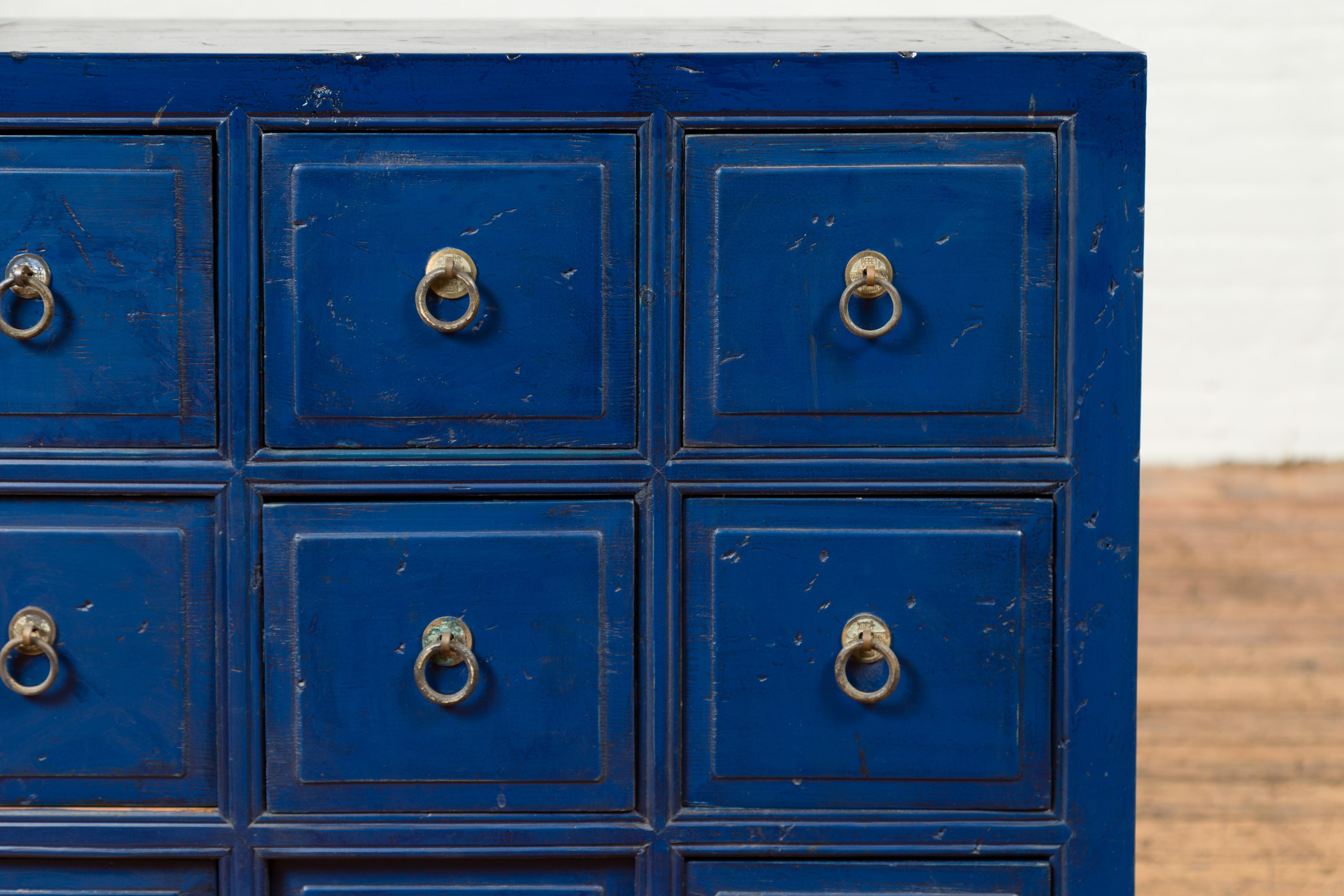 Vintage Chinese Blue Painted Nine-Drawer Apothecary Chest with Brass Ring Pulls 2