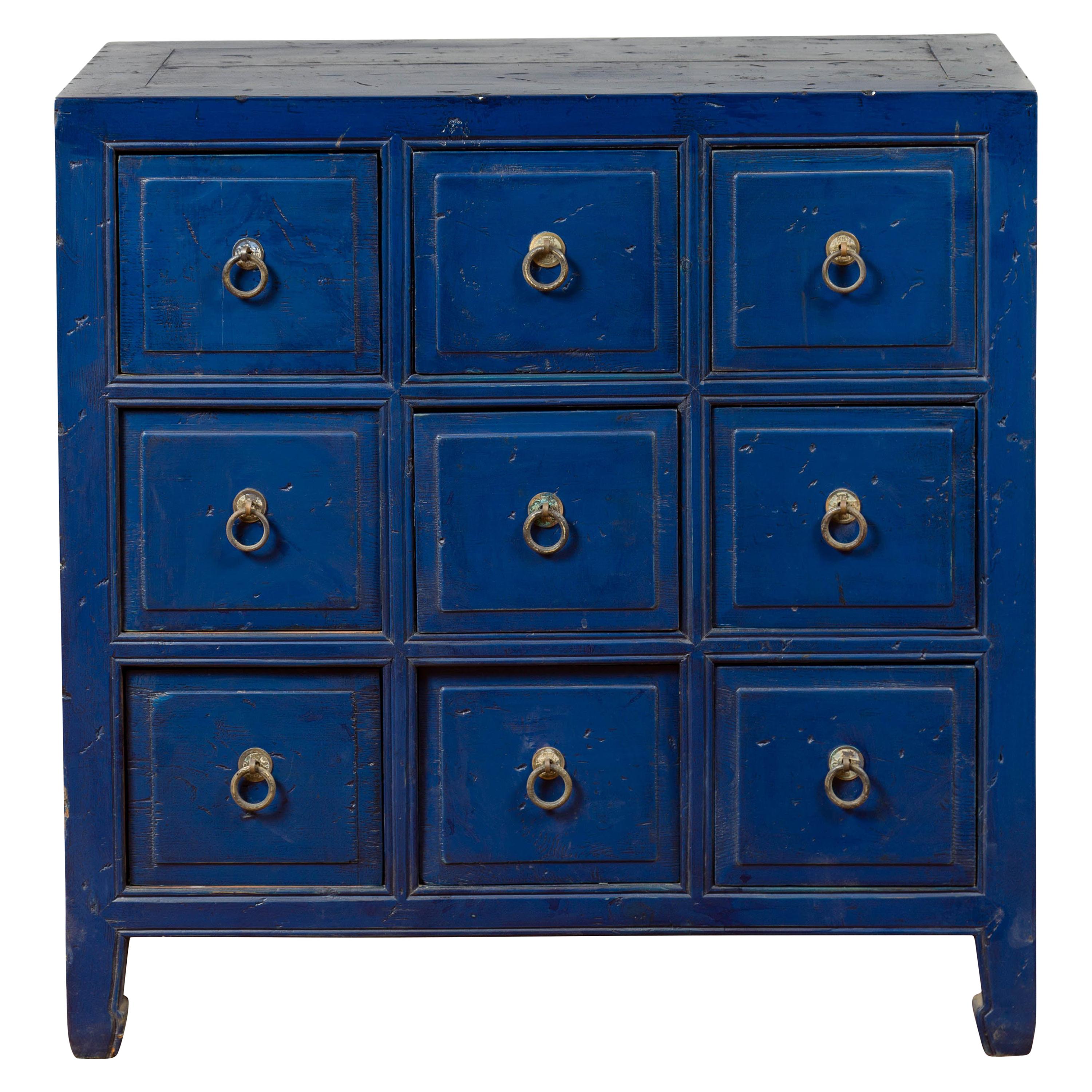 Vintage Chinese Blue Painted Nine-Drawer Apothecary Chest with Brass Ring Pulls