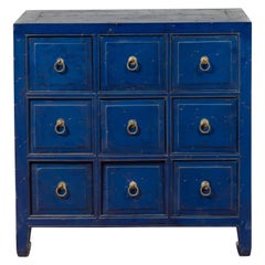 Retro Chinese Blue Painted Nine-Drawer Apothecary Chest with Brass Ring Pulls