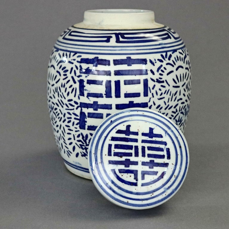 Vintage Chinese Blue and White Hand Decorated Porcelain Ginger Jar, 20th Century For Sale at 1stDibs