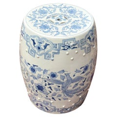 Vintage Chinese Blue & White Hand Painted Ceramic Garden Stool Drum Side Table