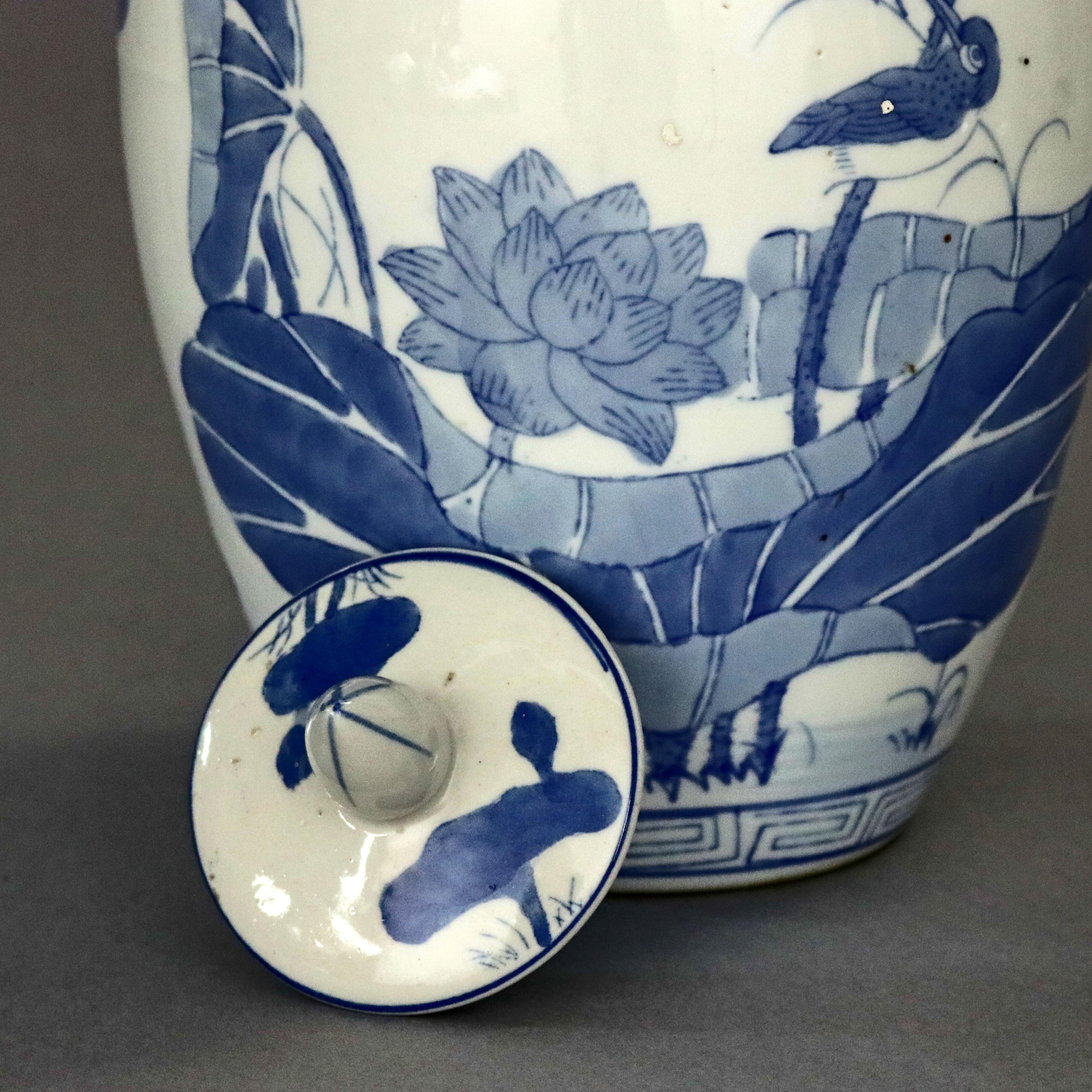 Glazed Chinese Blue and White Pictorial Porcelain Jar with Marsh Scene, 20th Century