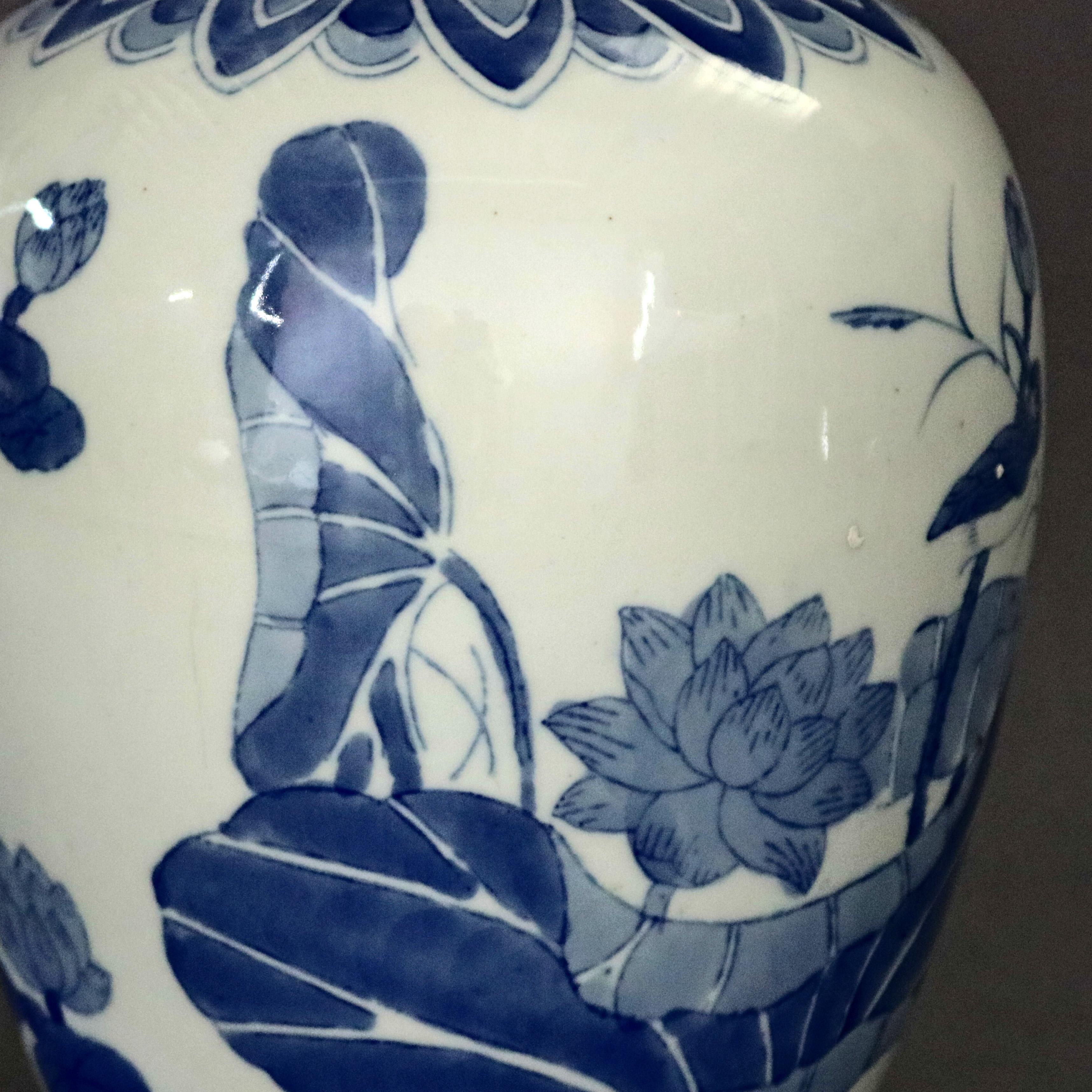 Ceramic Chinese Blue and White Pictorial Porcelain Jar with Marsh Scene, 20th Century