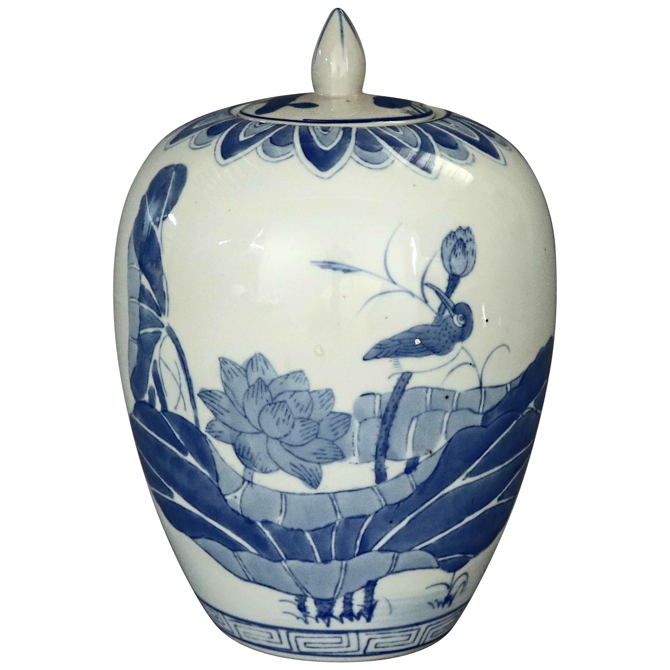Chinese Blue and White Pictorial Porcelain Jar with Marsh Scene, 20th Century
