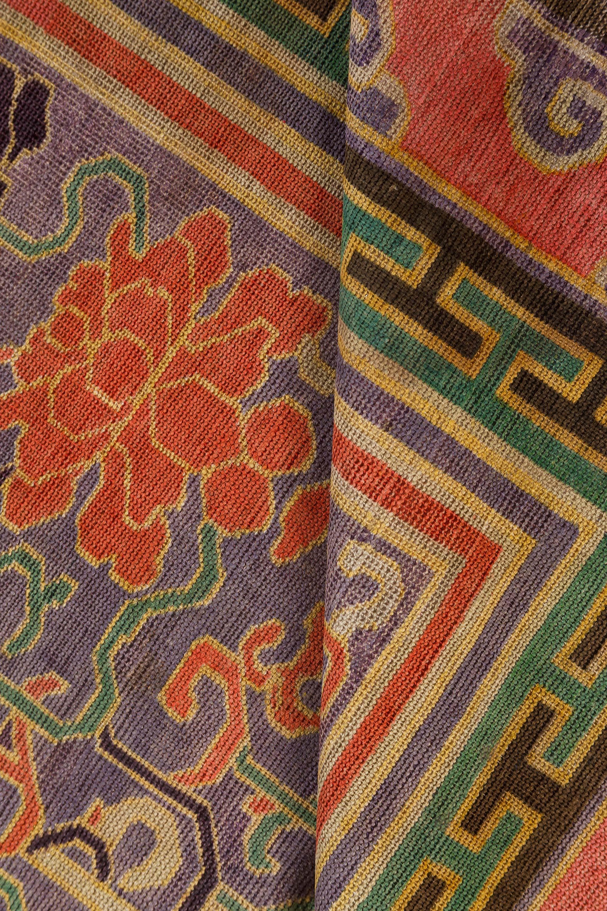 Vintage Chinese bold, botanic silk carpet in purple, red, beige, green
Size: 5'0
