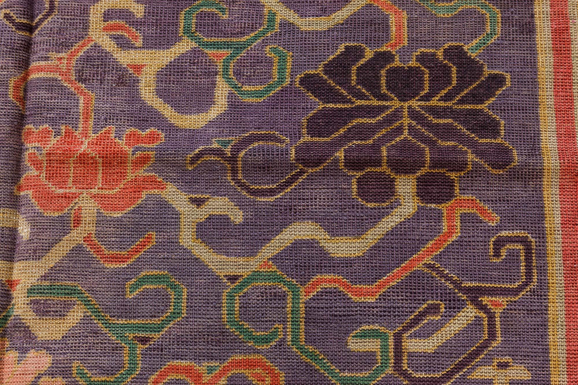 Vintage Chinese bold, botanic silk carpet in purple, red, beige, green
Size: 5'0