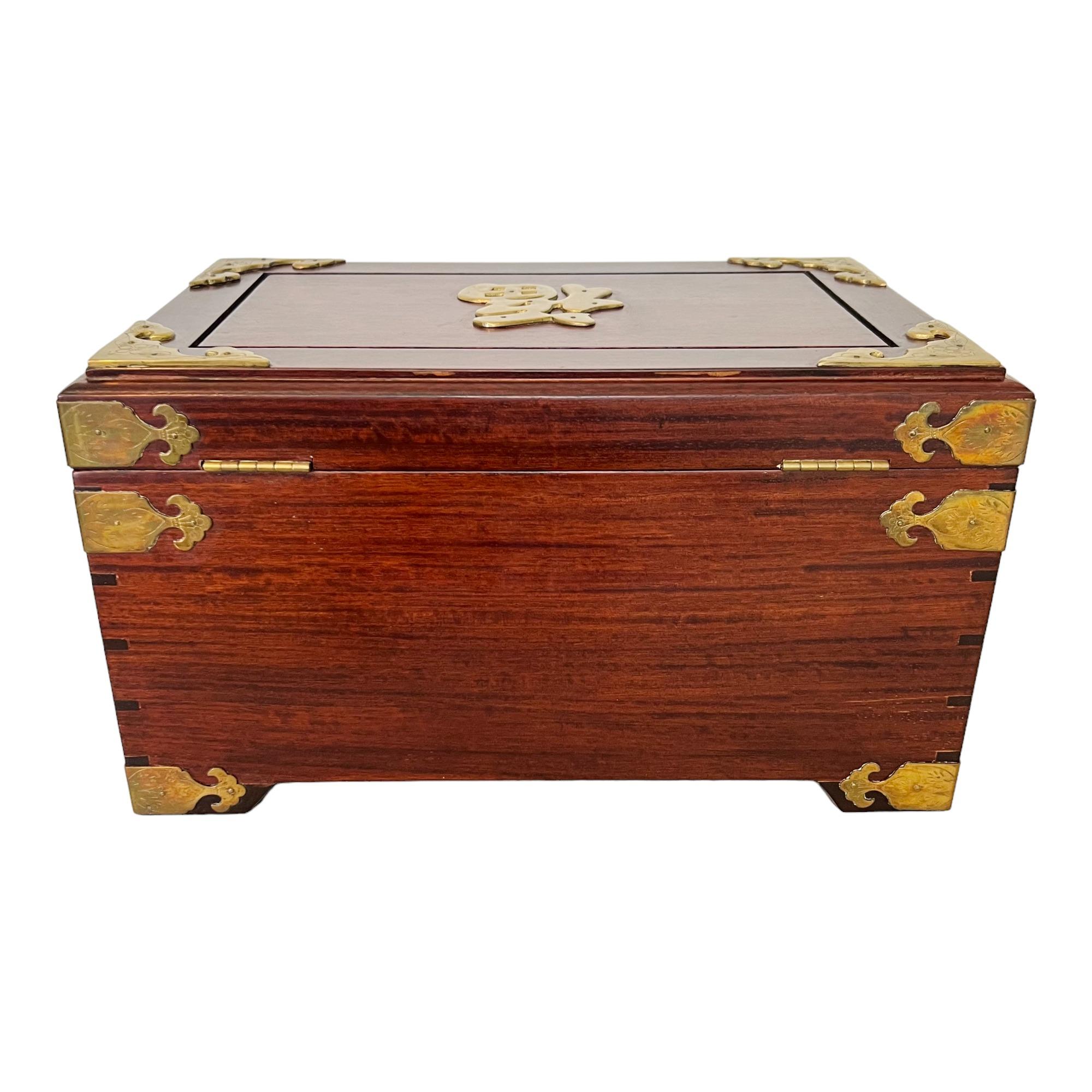Vintage Chinese Brass Accented Wood Jewelry Box Chest In Good Condition For Sale In Harlingen, TX